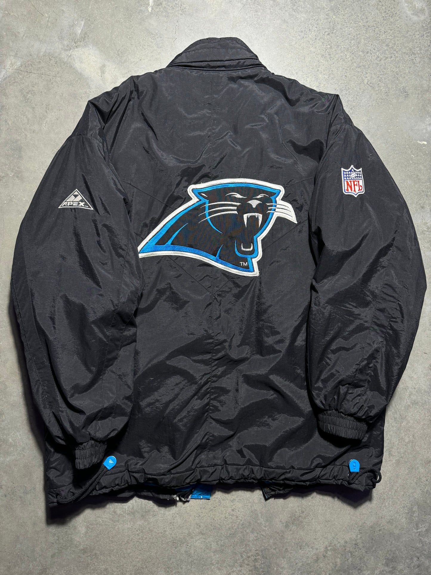90’s Carolina Panthers Vintage Black Apex One Big Logo NFL Sideline Trench Puffer Jacket (XL)