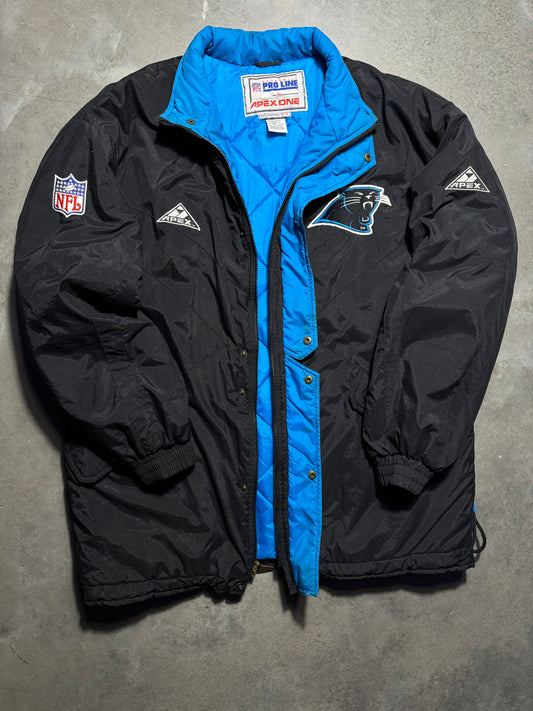 90’s Carolina Panthers Vintage Black Apex One Big Logo NFL Sideline Trench Puffer Jacket (XL)
