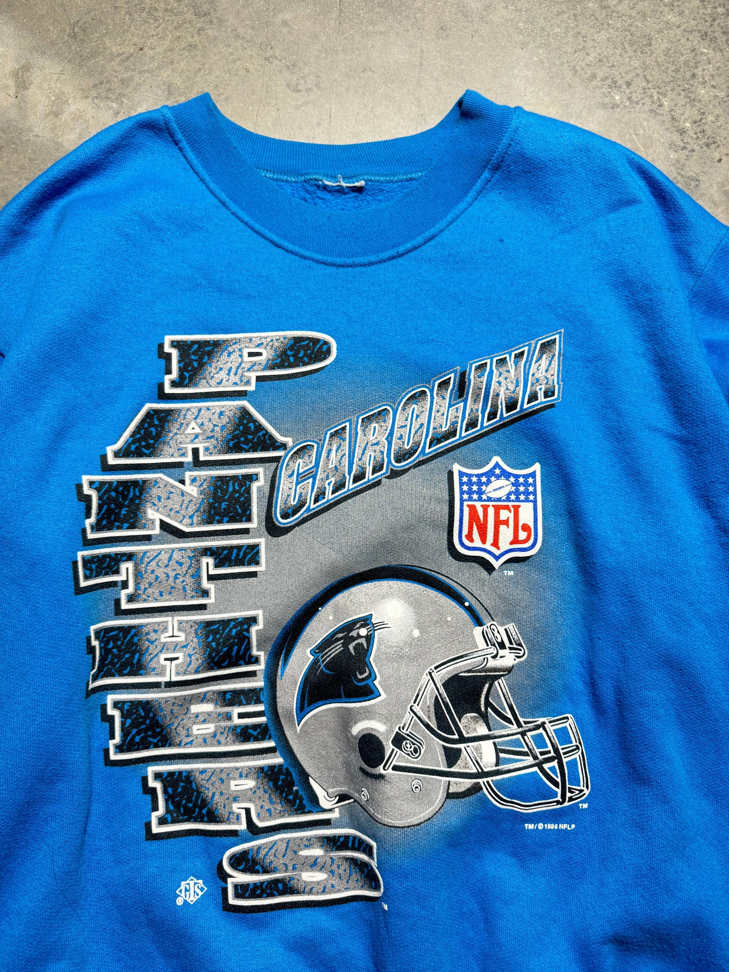 1995 Carolina Panthers Vintage Blue Inaugural Season Spellout NFL Crewneck (Medium)