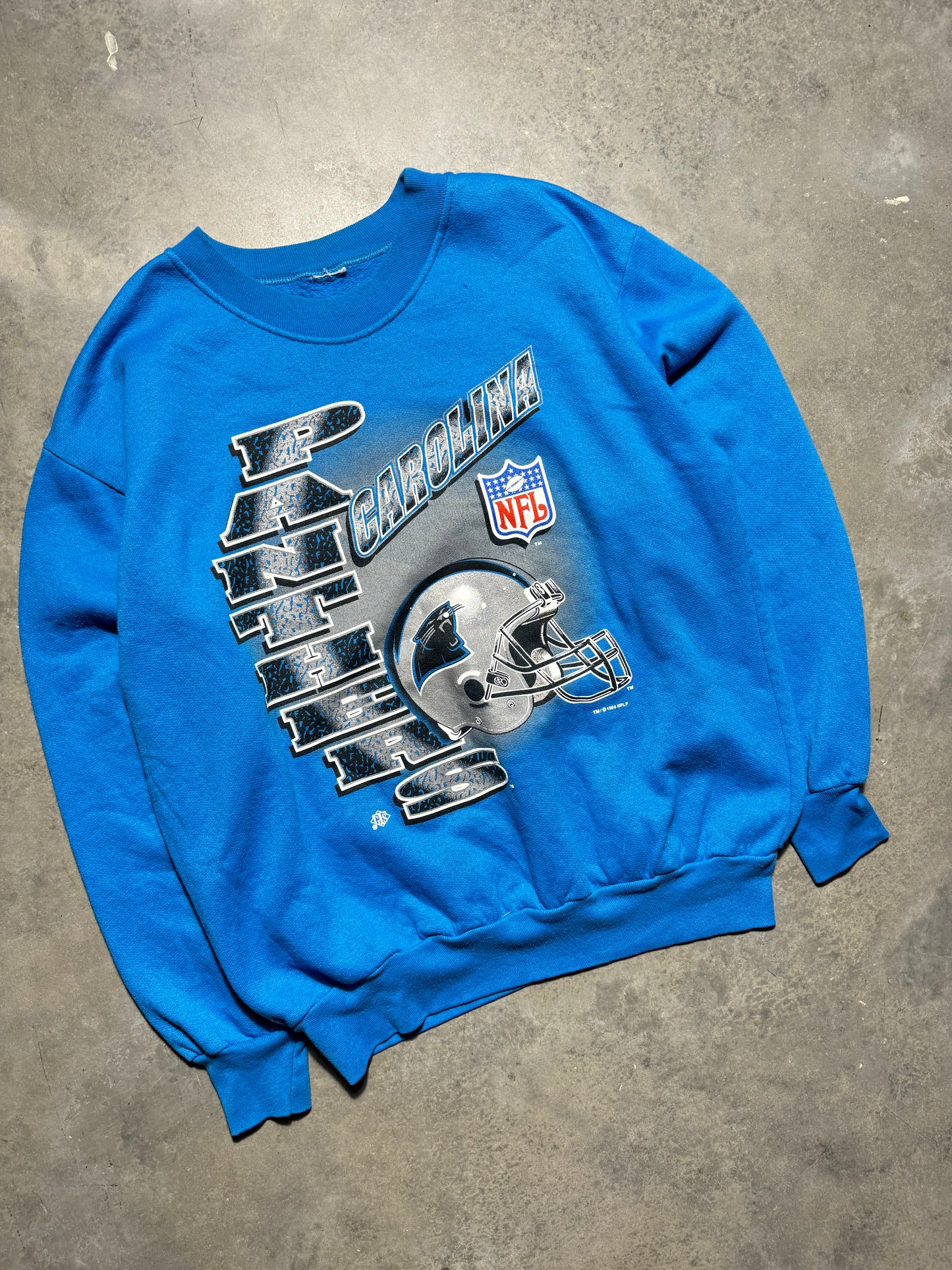 1995 Carolina Panthers Vintage Blue Inaugural Season Spellout NFL Crewneck (Medium)