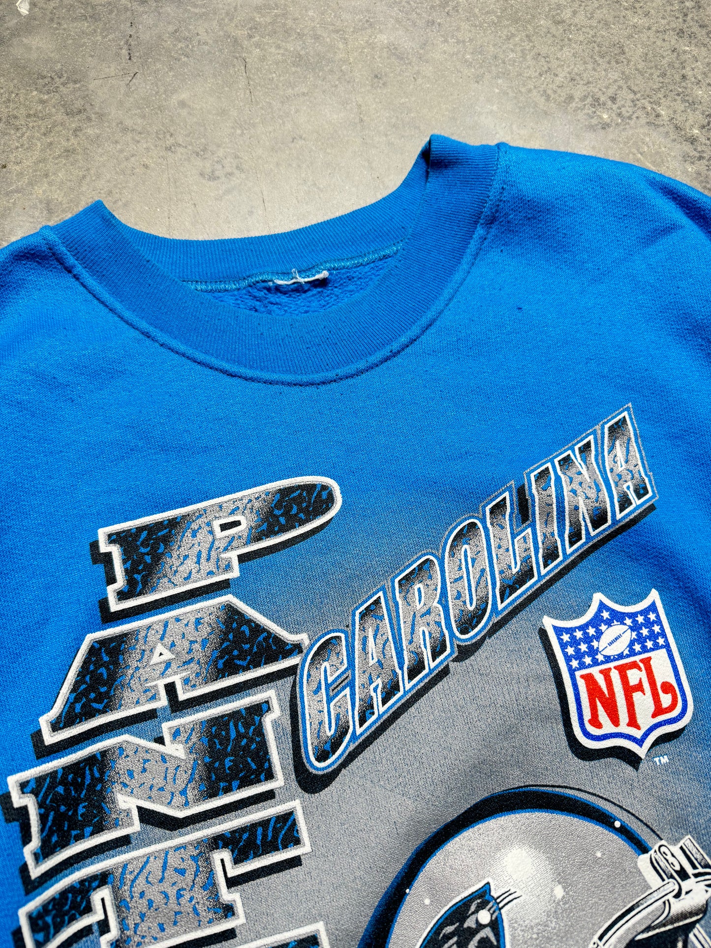 1995 Carolina Panthers Vintage Blue Inaugural Season Spellout NFL Crewneck (Medium)