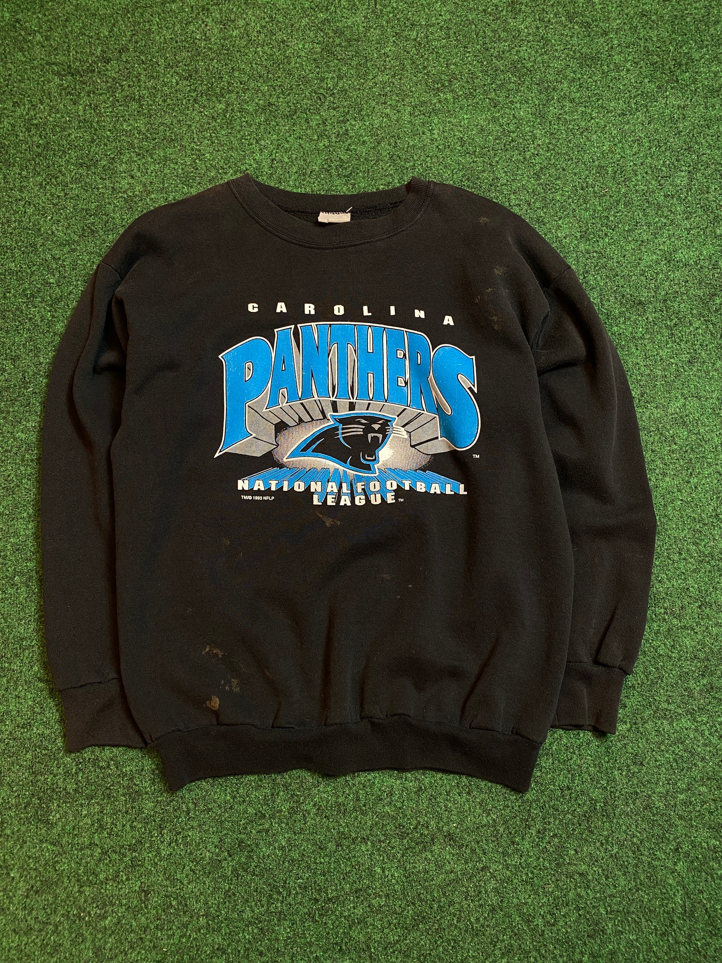 1993 Carolina Panthers Spellout Logo NFL Crewneck Sweatshirt (Large)