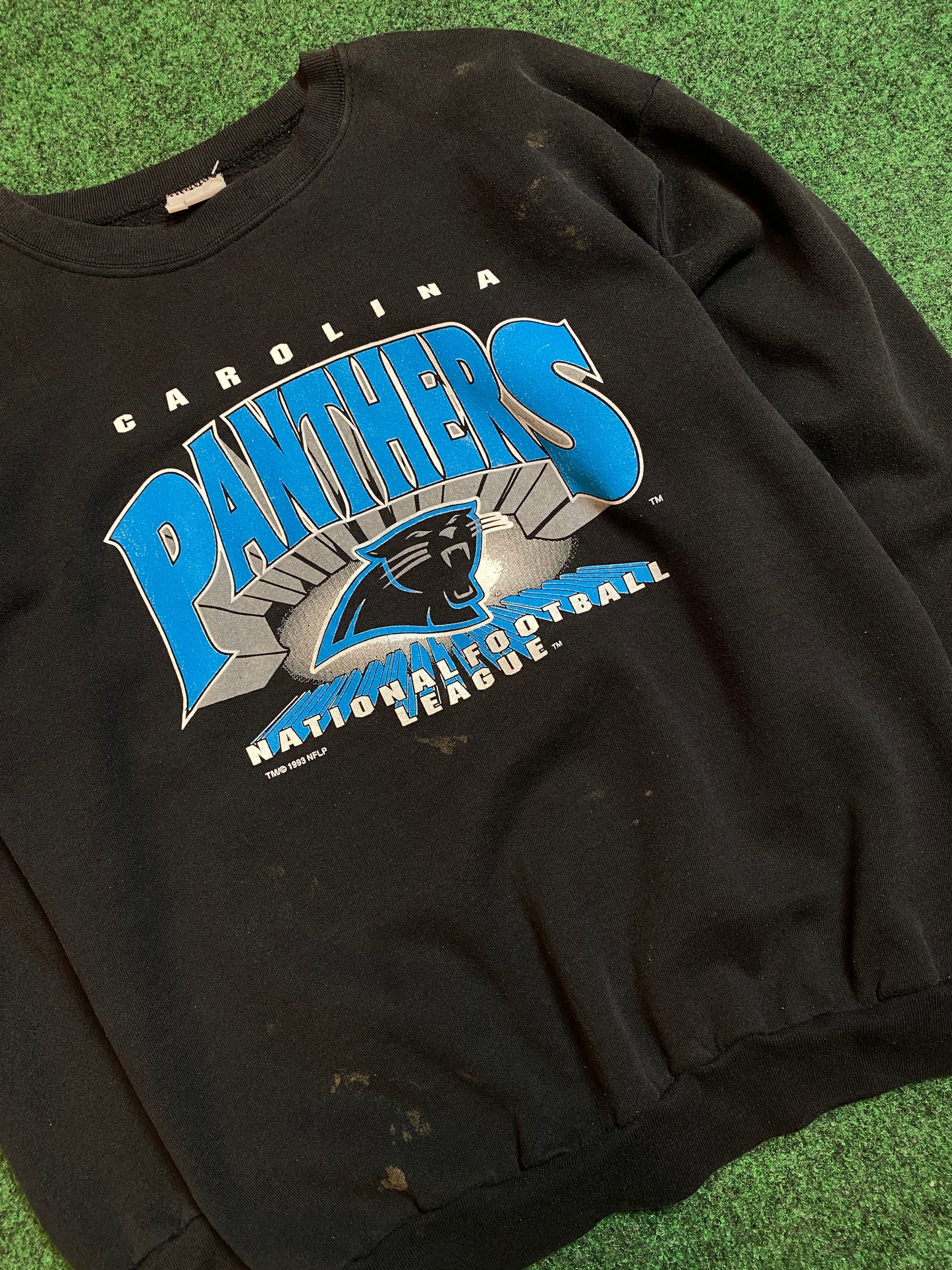 1993 Carolina Panthers Spellout Logo NFL Crewneck Sweatshirt (Large)