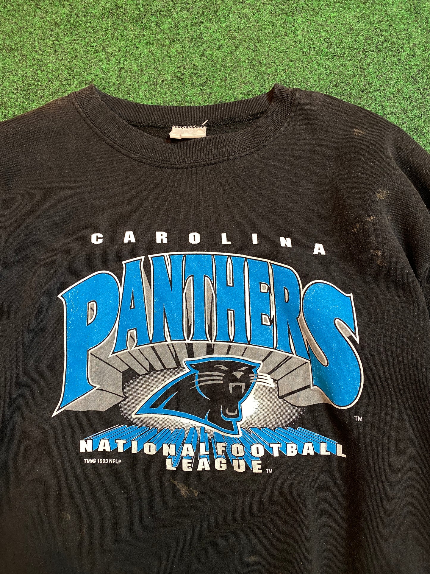 1993 Carolina Panthers Spellout Logo NFL Crewneck Sweatshirt (Large)