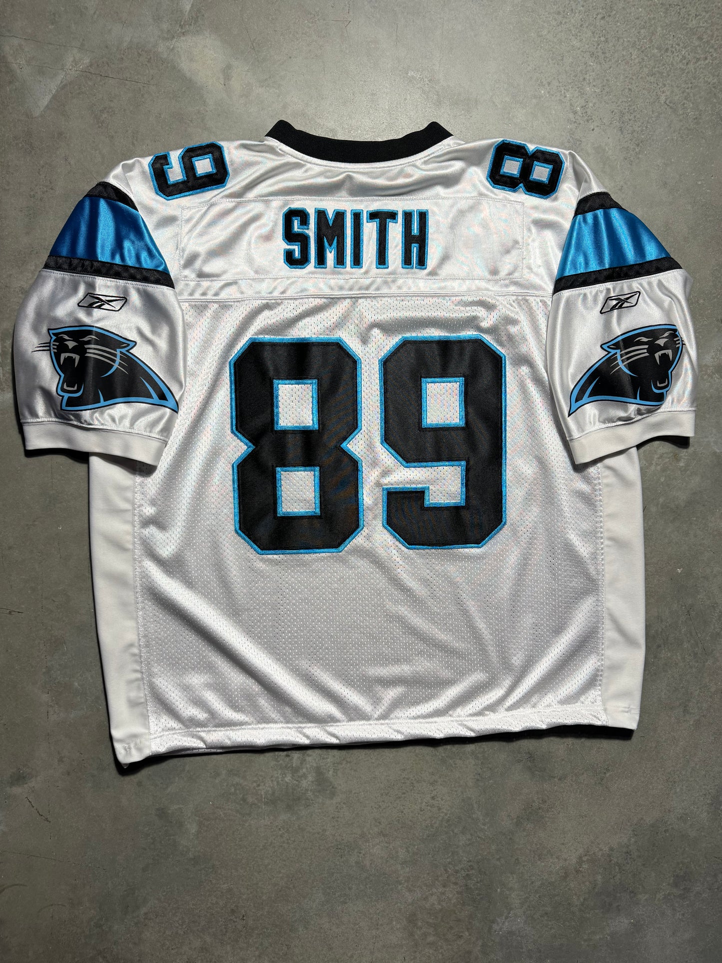 00’s Carolina Panthers Steve Smith Vintage White Reebok On Field Fully Embroidered NFL Jersey (XXL)