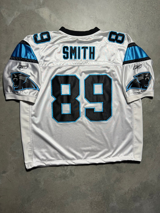 00’s Carolina Panthers Steve Smith Vintage White Reebok On Field Fully Embroidered NFL Jersey (XXL)