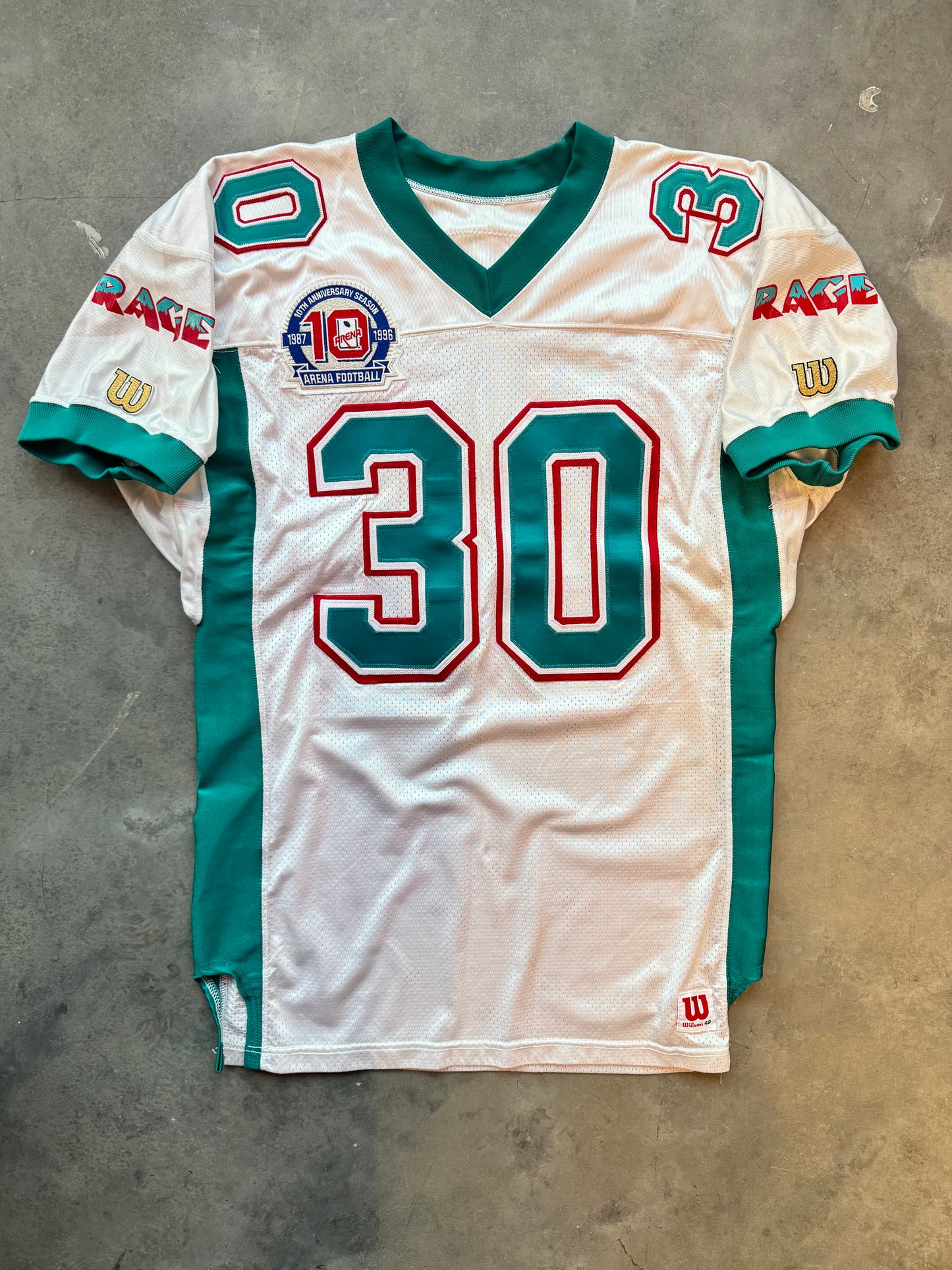 1996 Charlotte Rage Arena Football League AFL Vintage 10th Anniversary Patch White Wilson Team Issued Pro Cut Defunct Franchise Football Jersey (48/XL)