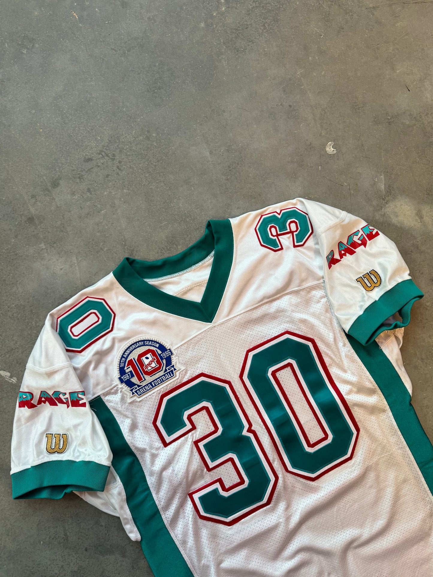 1996 Charlotte Rage Arena Football League AFL Vintage 10th Anniversary Patch White Wilson Team Issued Pro Cut Defunct Franchise Football Jersey (48/XL)