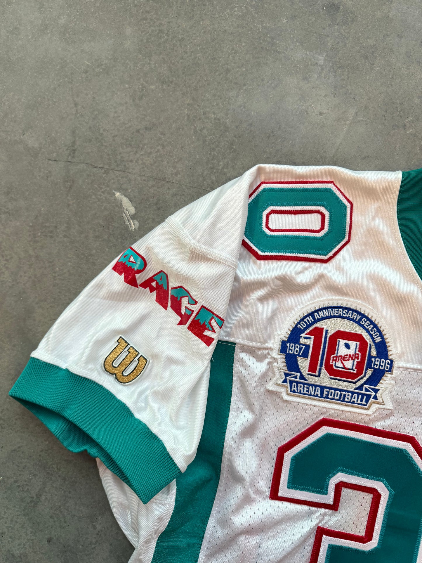 1996 Charlotte Rage Arena Football League AFL Vintage 10th Anniversary Patch White Wilson Team Issued Pro Cut Defunct Franchise Football Jersey (48/XL)