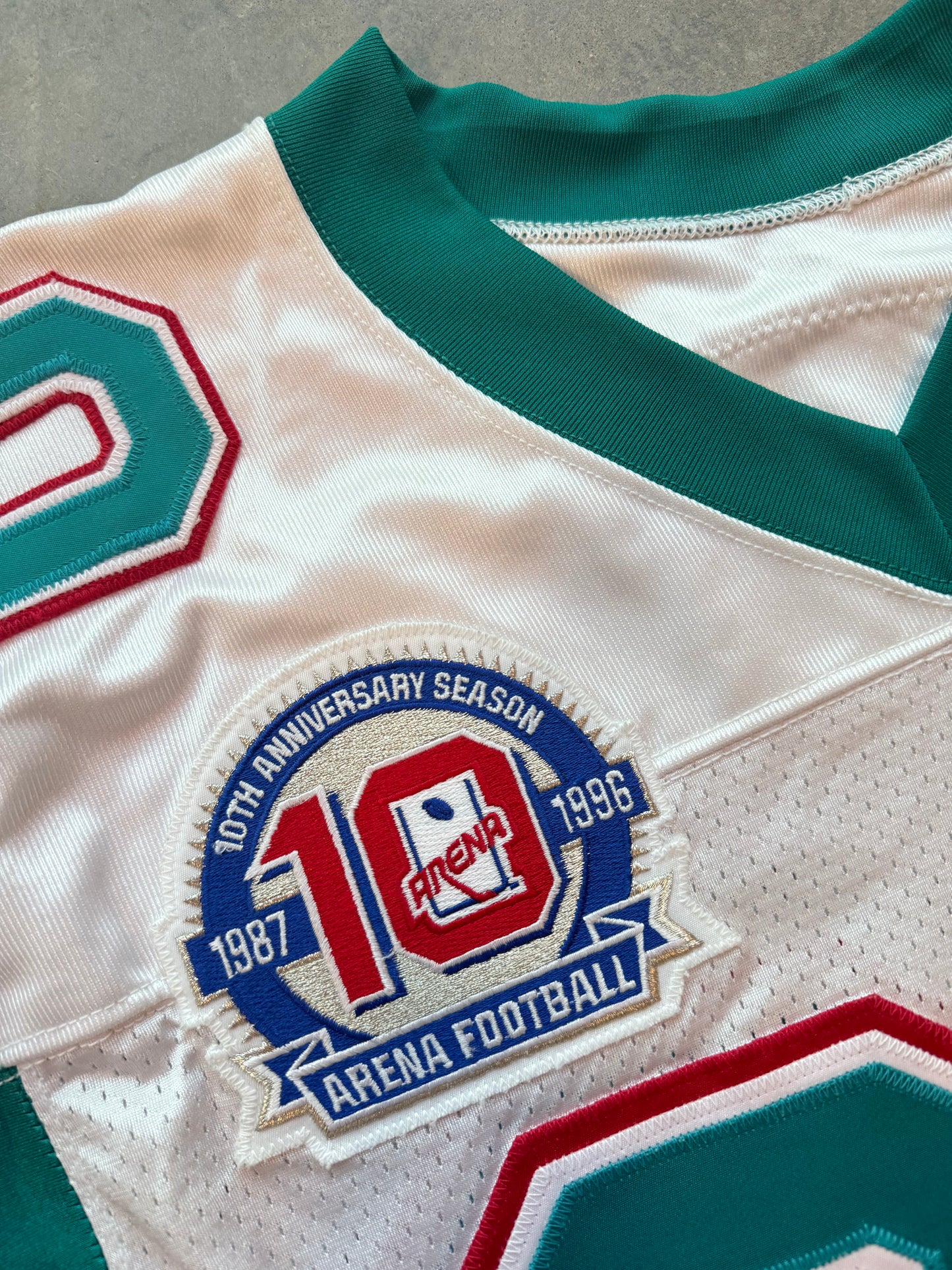 1996 Charlotte Rage Arena Football League AFL Vintage 10th Anniversary Patch White Wilson Team Issued Pro Cut Defunct Franchise Football Jersey (48/XL)