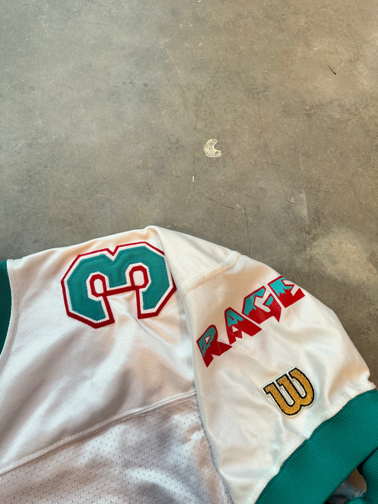 1996 Charlotte Rage Arena Football League AFL Vintage 10th Anniversary Patch White Wilson Team Issued Pro Cut Defunct Franchise Football Jersey (48/XL)