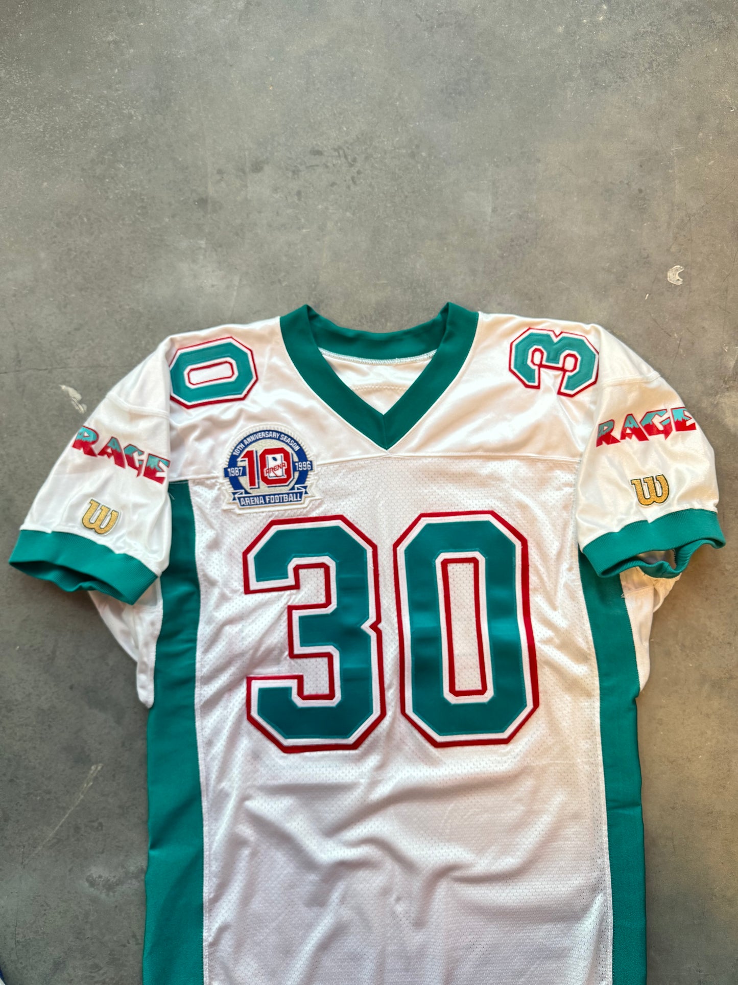 1996 Charlotte Rage Arena Football League AFL Vintage 10th Anniversary Patch White Wilson Team Issued Pro Cut Defunct Franchise Football Jersey (48/XL)