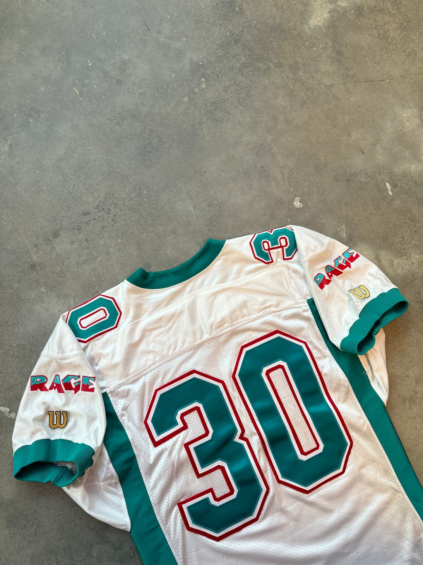 1996 Charlotte Rage Arena Football League AFL Vintage 10th Anniversary Patch White Wilson Team Issued Pro Cut Defunct Franchise Football Jersey (48/XL)