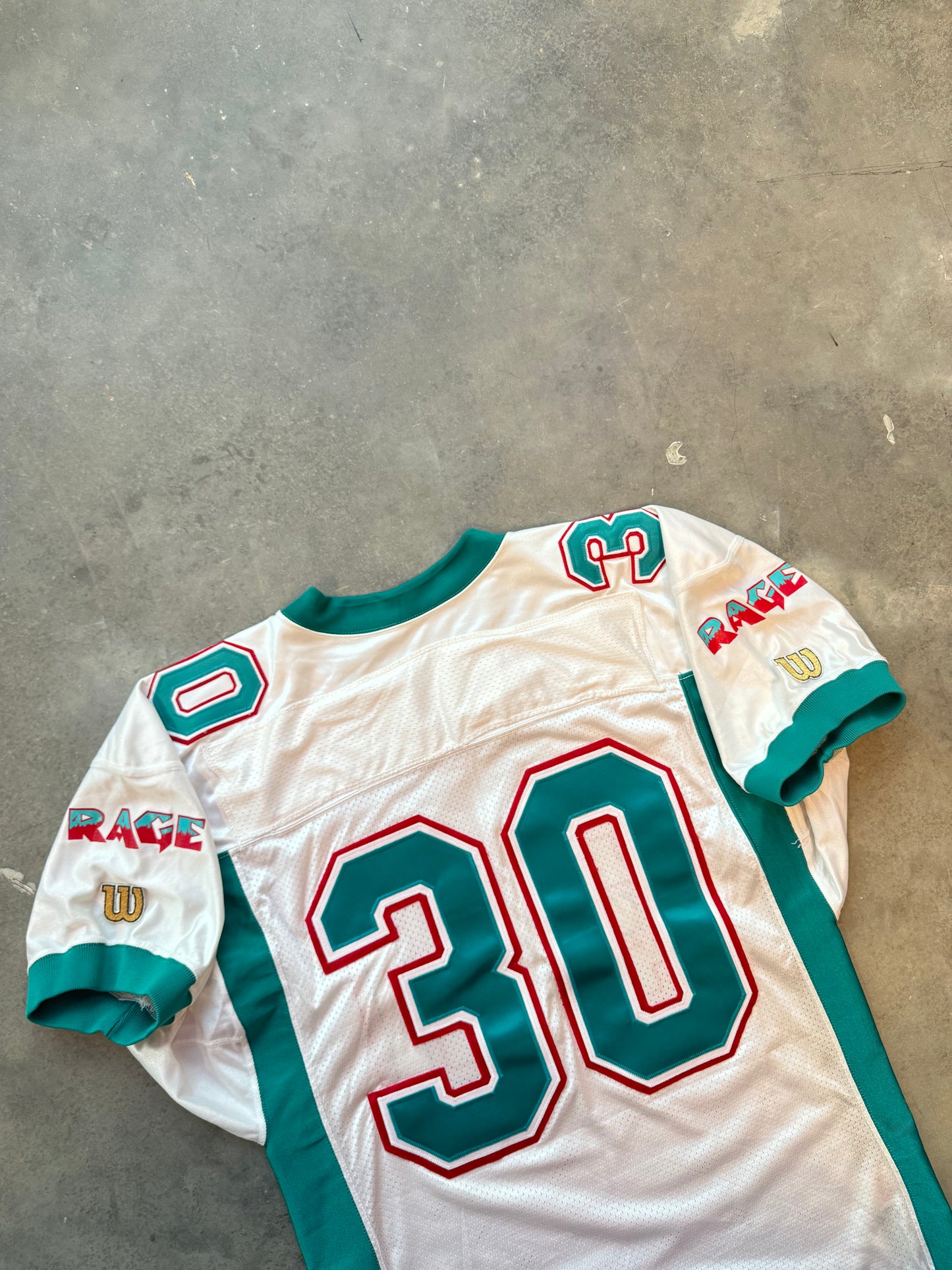 1996 Charlotte Rage Arena Football League AFL Vintage 10th Anniversary Patch White Wilson Team Issued Pro Cut Defunct Franchise Football Jersey (48/XL)