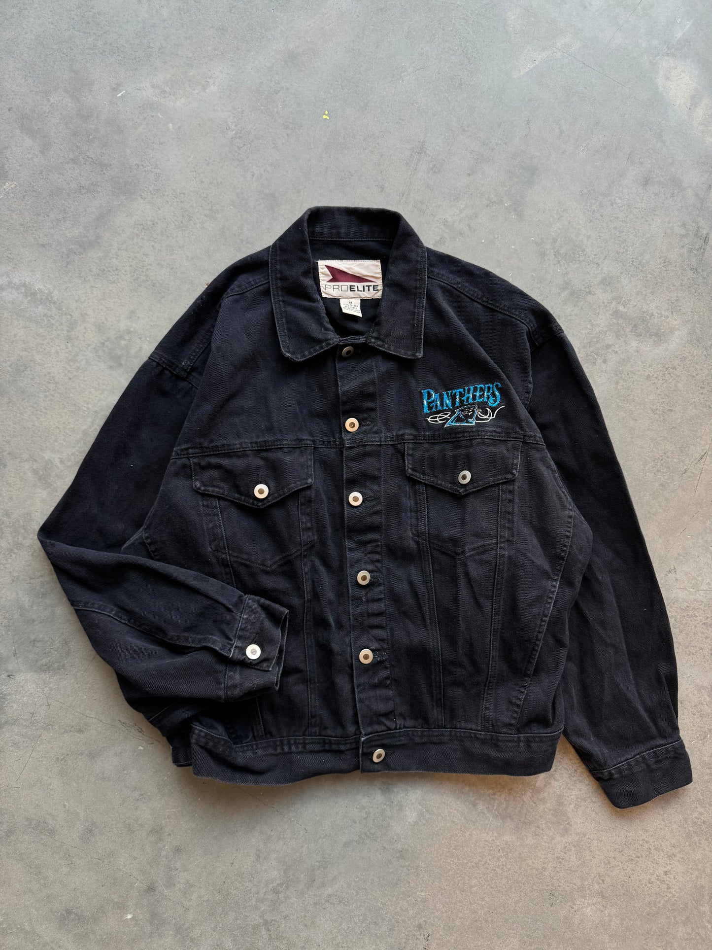 90’s Carolina Panthers Vintage Black Embroidered NFL Denim Jacket (Medium)