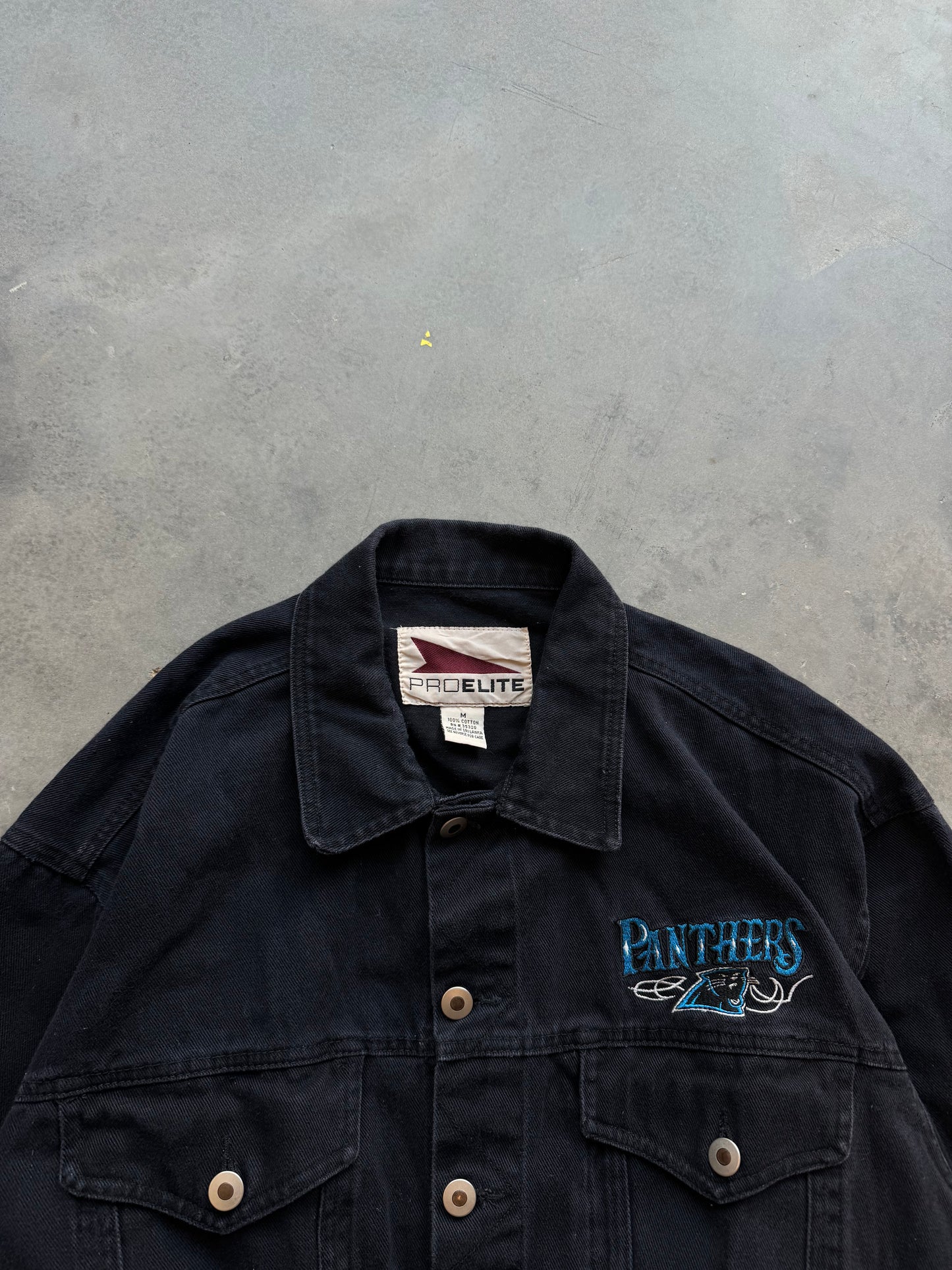 90’s Carolina Panthers Vintage Black Embroidered NFL Denim Jacket (Medium)