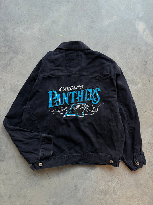 90’s Carolina Panthers Vintage Black Embroidered NFL Denim Jacket (Medium)