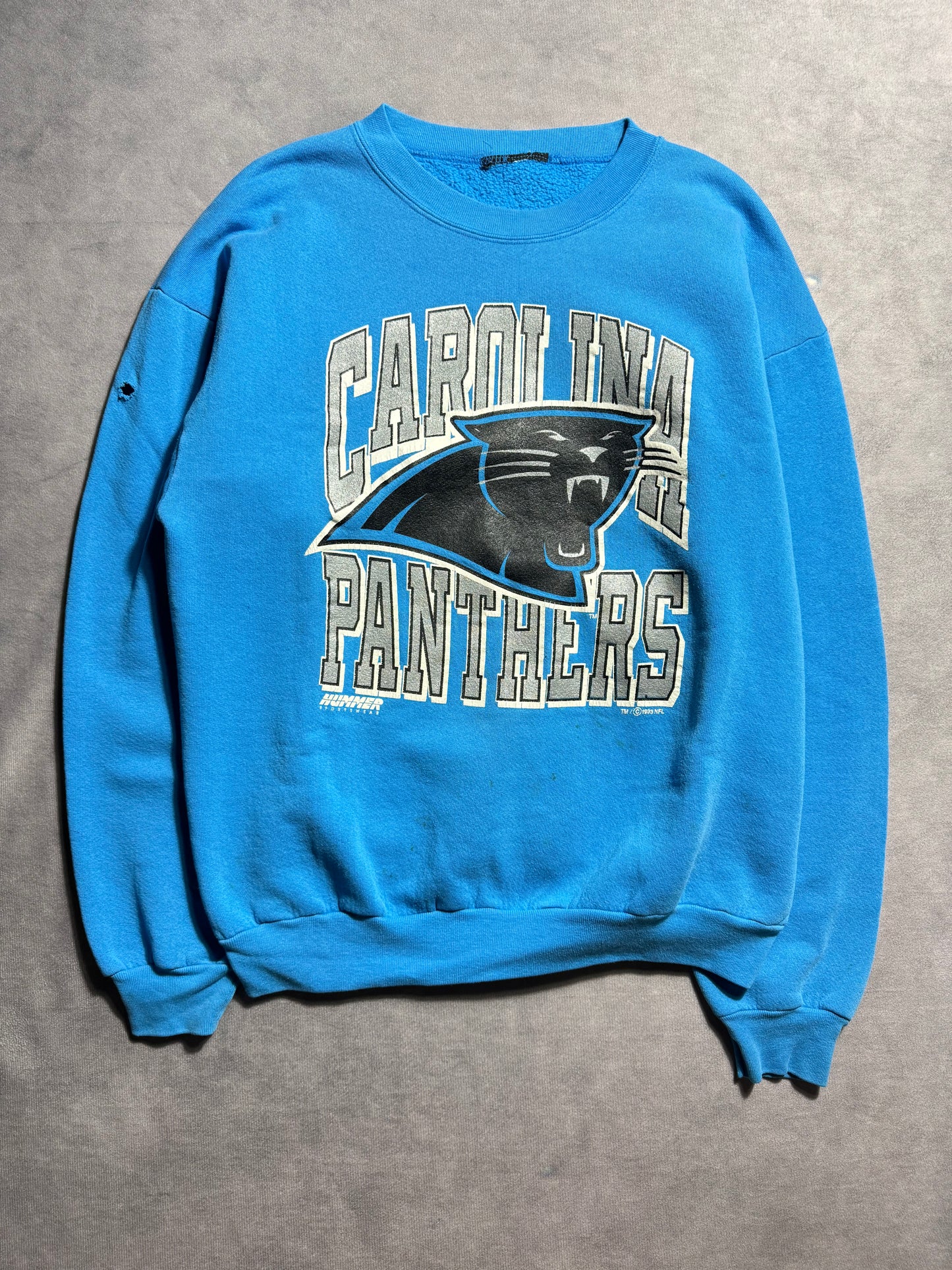 1993 Carolina Panthers Vintage Hummer Sportswear Blue Big Logo Arch Letter Spellout NFL Crewneck (Large)