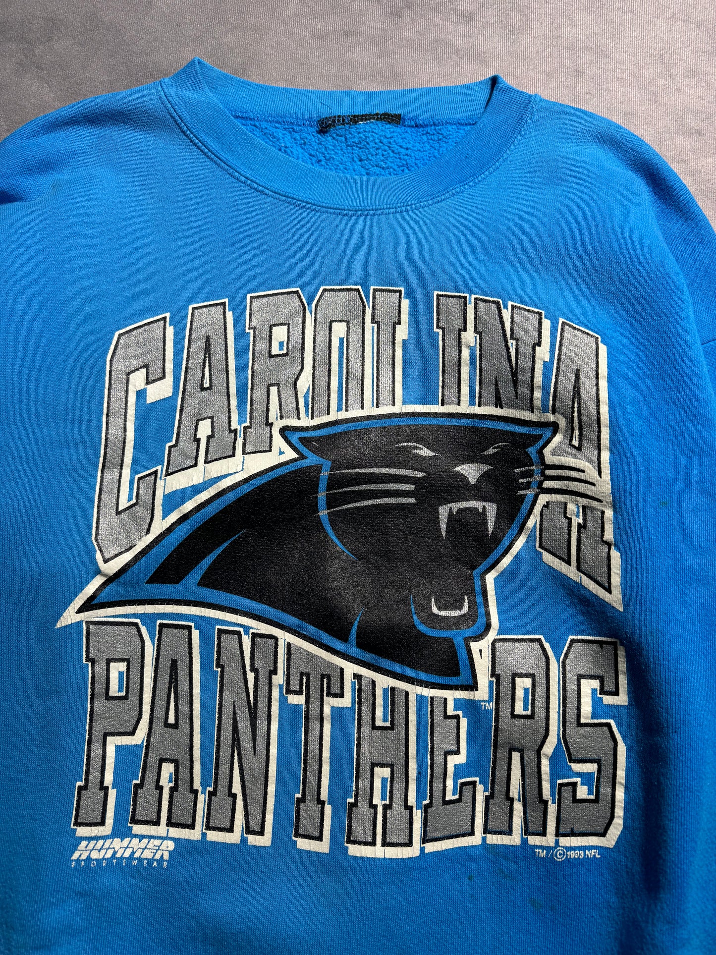 1993 Carolina Panthers Vintage Hummer Sportswear Blue Big Logo Arch Letter Spellout NFL Crewneck (Large)