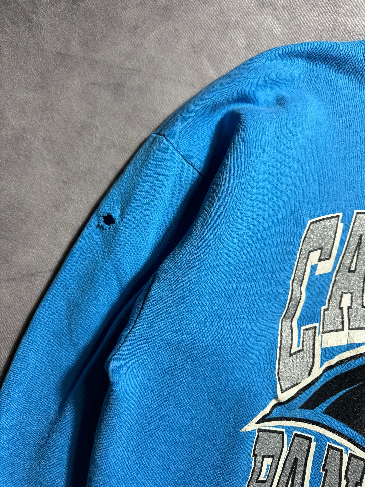 1993 Carolina Panthers Vintage Hummer Sportswear Blue Big Logo Arch Letter Spellout NFL Crewneck (Large)