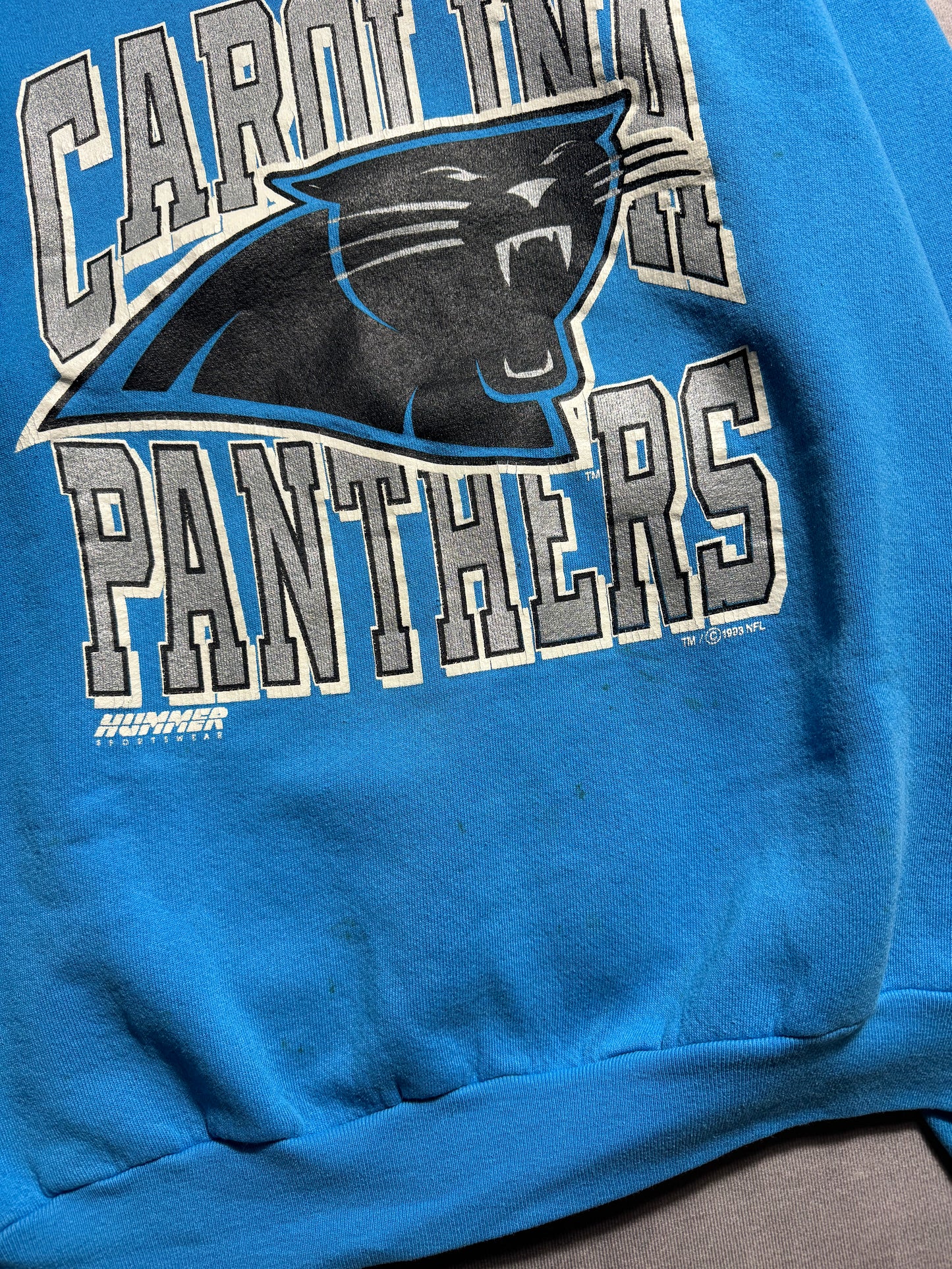 1993 Carolina Panthers Vintage Hummer Sportswear Blue Big Logo Arch Letter Spellout NFL Crewneck (Large)