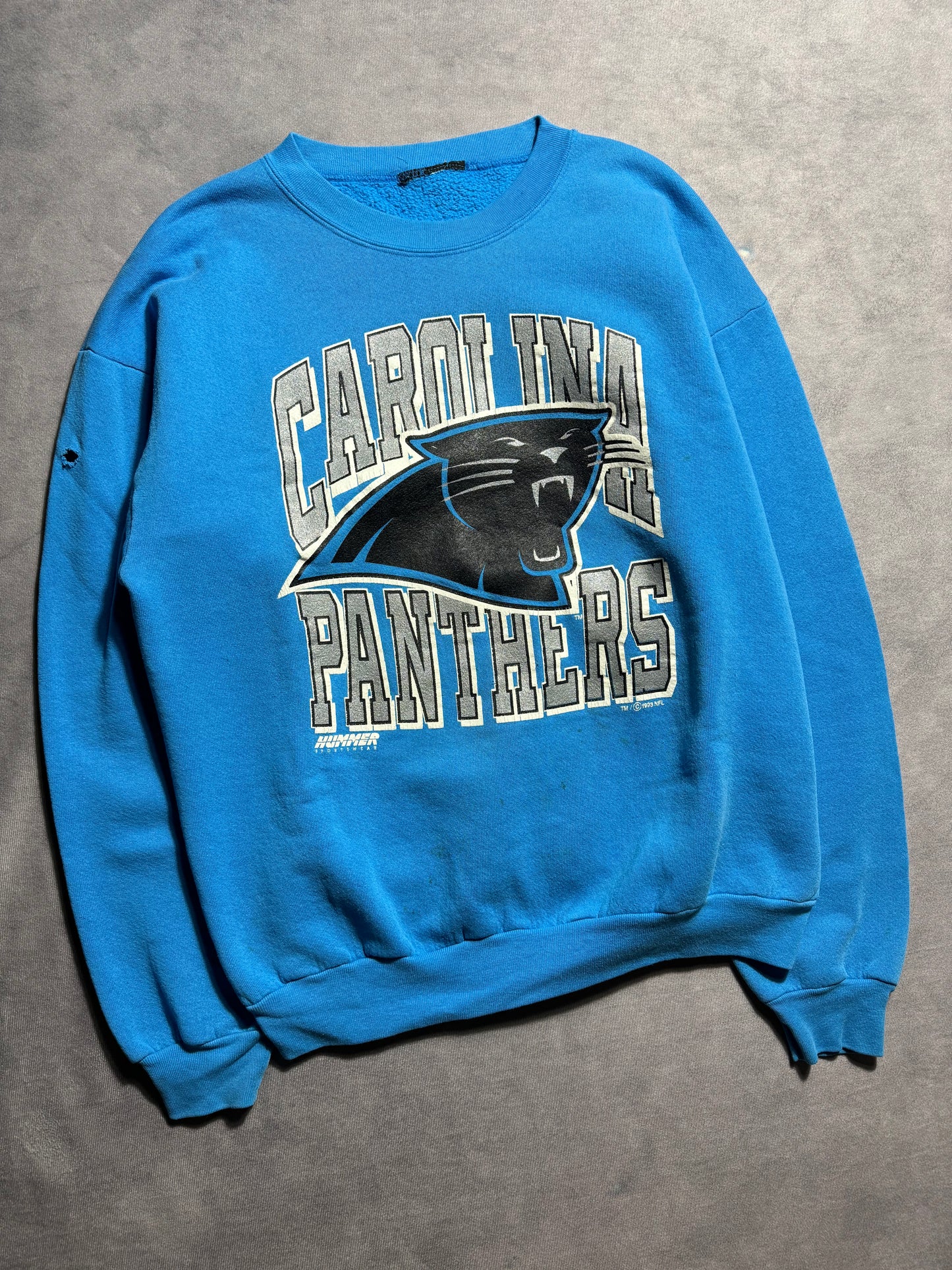 1993 Carolina Panthers Vintage Hummer Sportswear Blue Big Logo Arch Letter Spellout NFL Crewneck (Large)