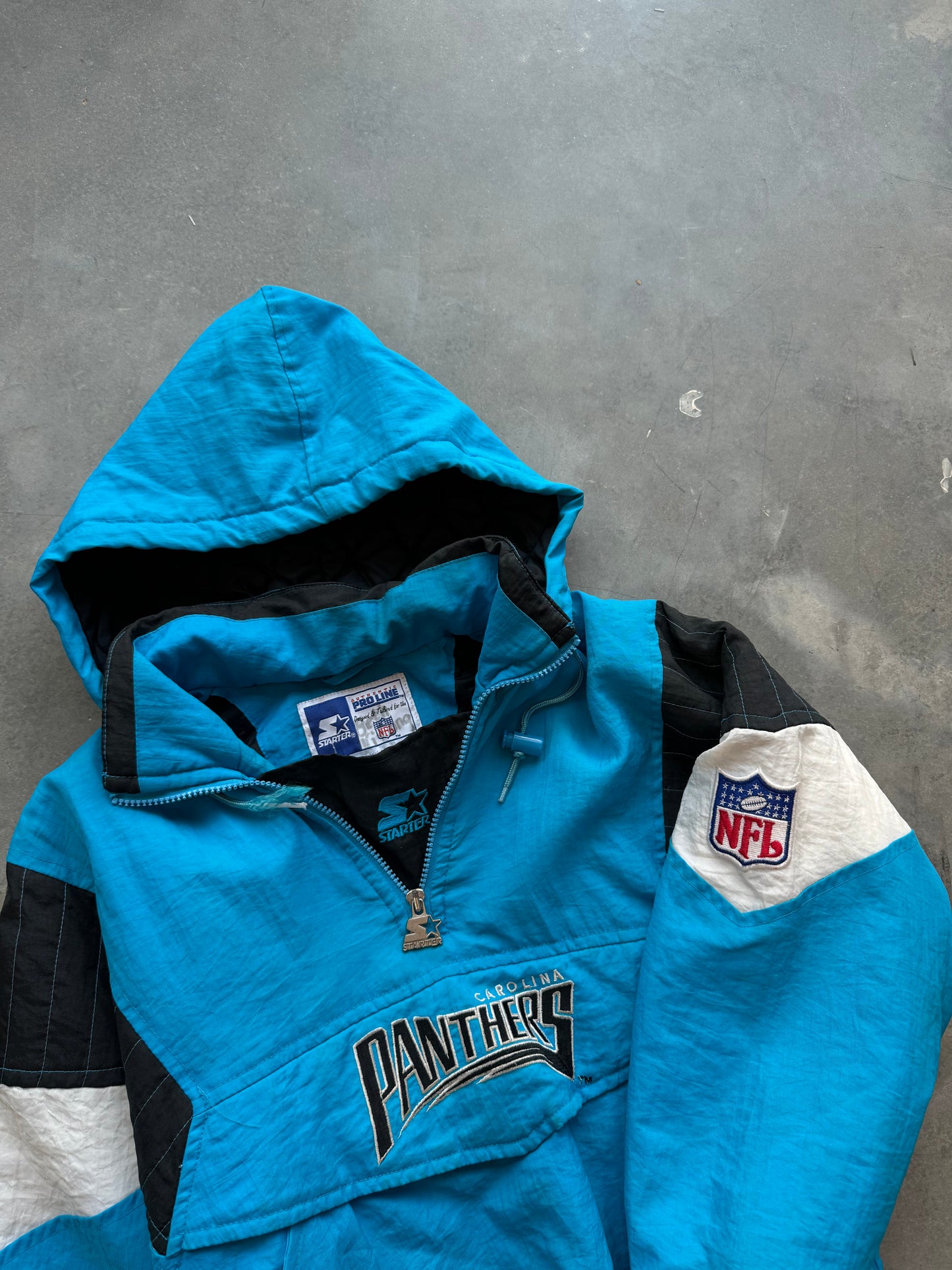 90’s Carolina Panthers Vintage Starter Electric Blue Half Zip NFL Puffer Jacket (Youth Medium)