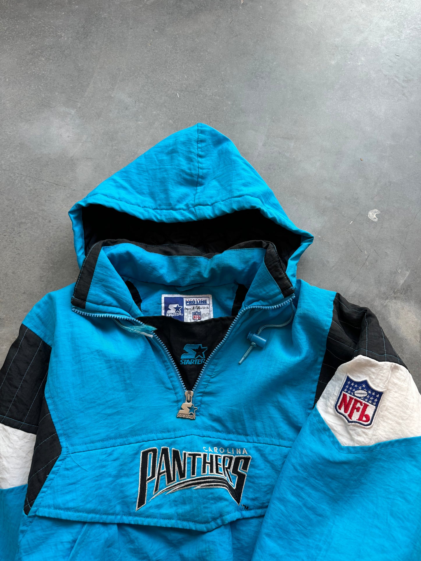 90’s Carolina Panthers Vintage Starter Electric Blue Half Zip NFL Puffer Jacket (Youth Medium)