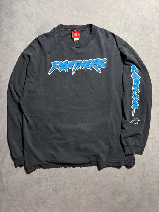 00’s Carolina Panthers Vintage Black Cat Scratch Font NFL Spellout Longsleeve Tee (XL)