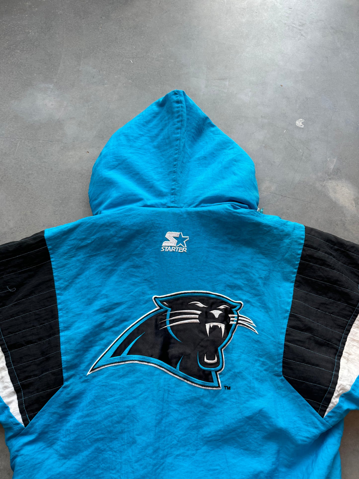 90’s Carolina Panthers Vintage Starter Electric Blue Half Zip NFL Puffer Jacket (Youth Medium)