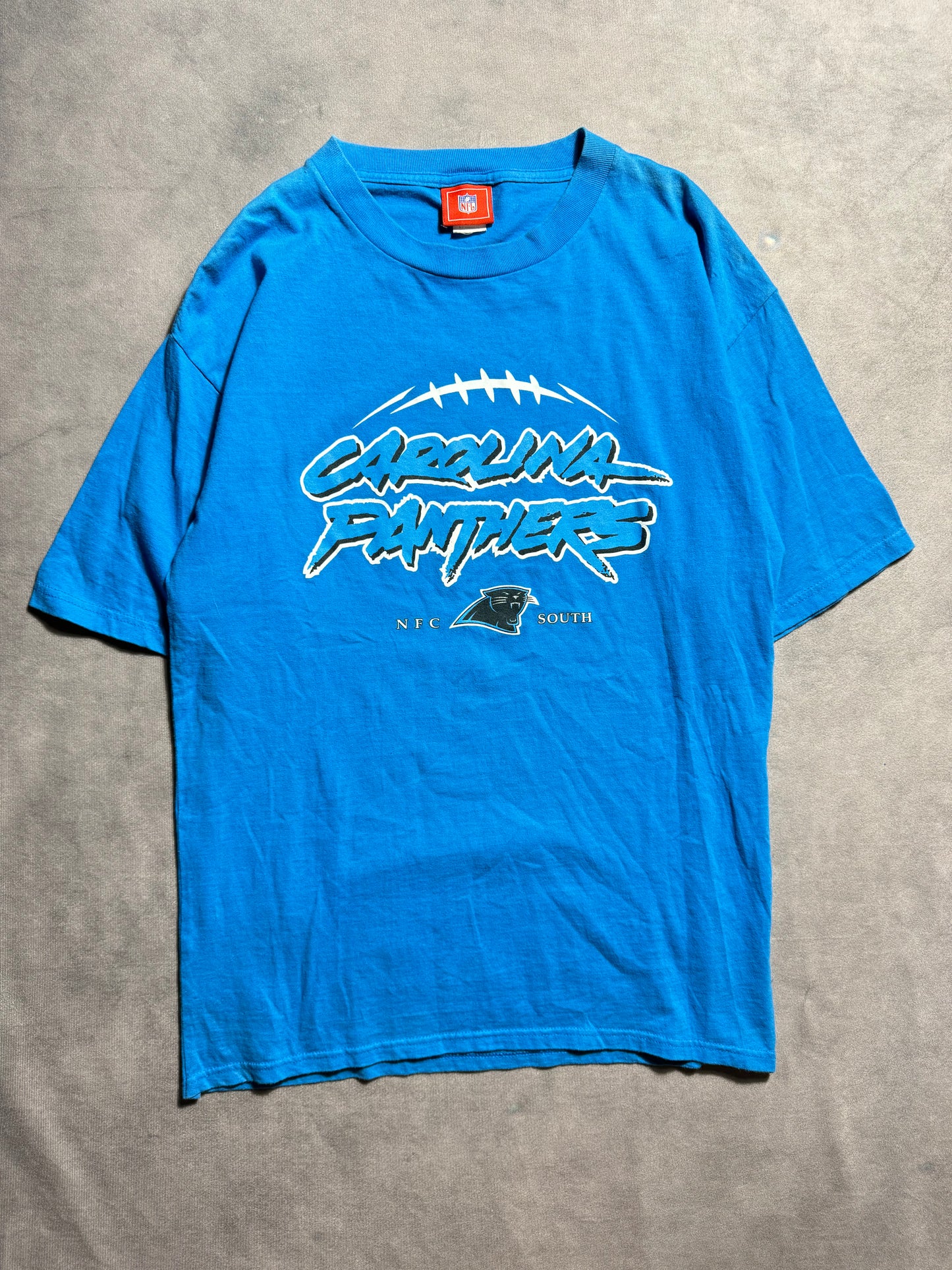 00’s Carolina Panthers Blue Cat Scratch Font Spellout NFL Tee (Large)