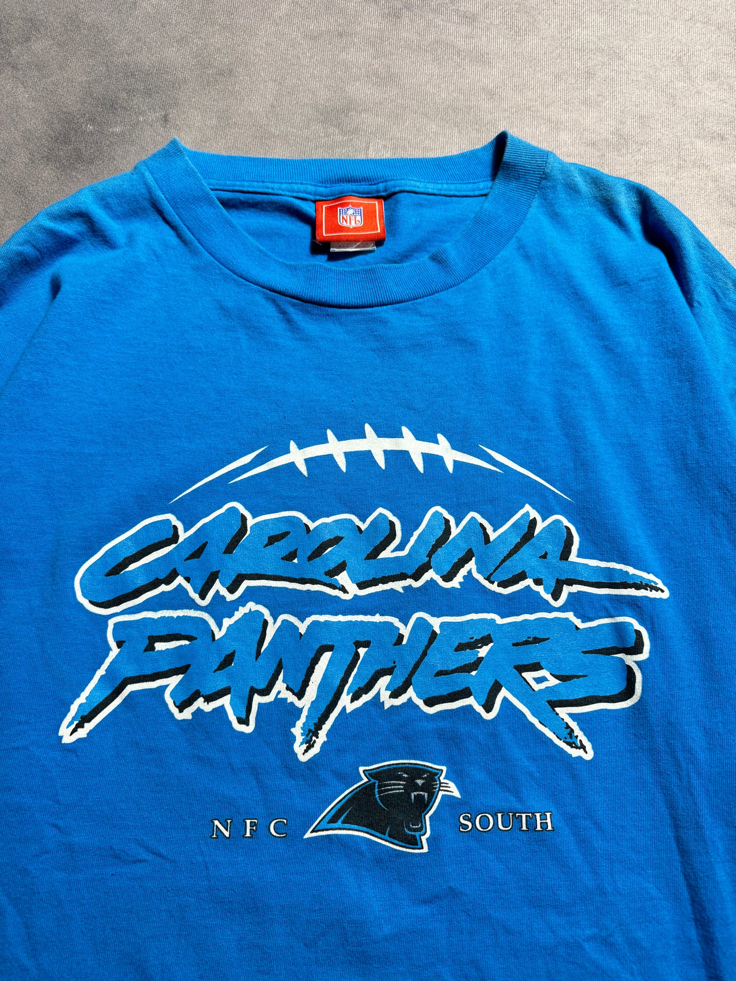 00’s Carolina Panthers Blue Cat Scratch Font Spellout NFL Tee (Large)