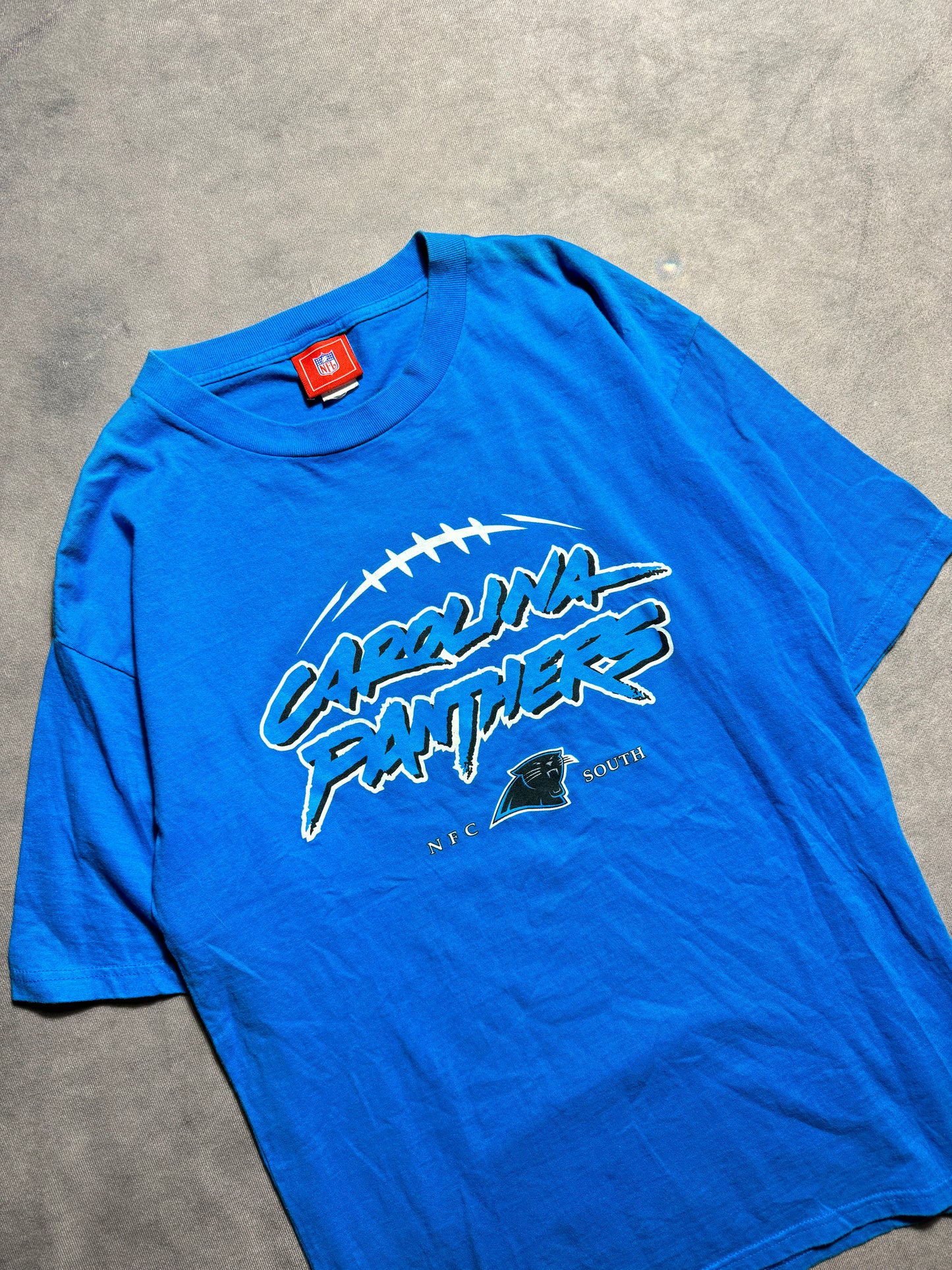 00’s Carolina Panthers Blue Cat Scratch Font Spellout NFL Tee (Large)