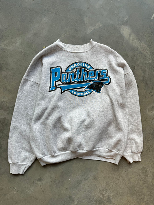 90’s Carolina Panthers Vintage Logo 7 Heather Grey Script NFL Crewneck (Large)