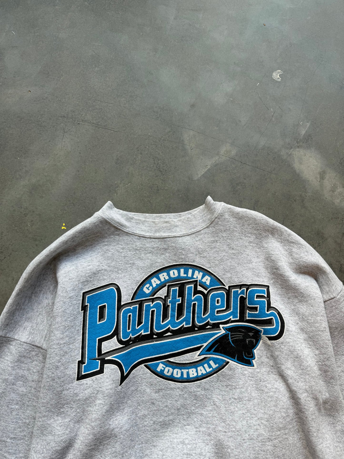 90’s Carolina Panthers Vintage Logo 7 Heather Grey Script NFL Crewneck (Large)