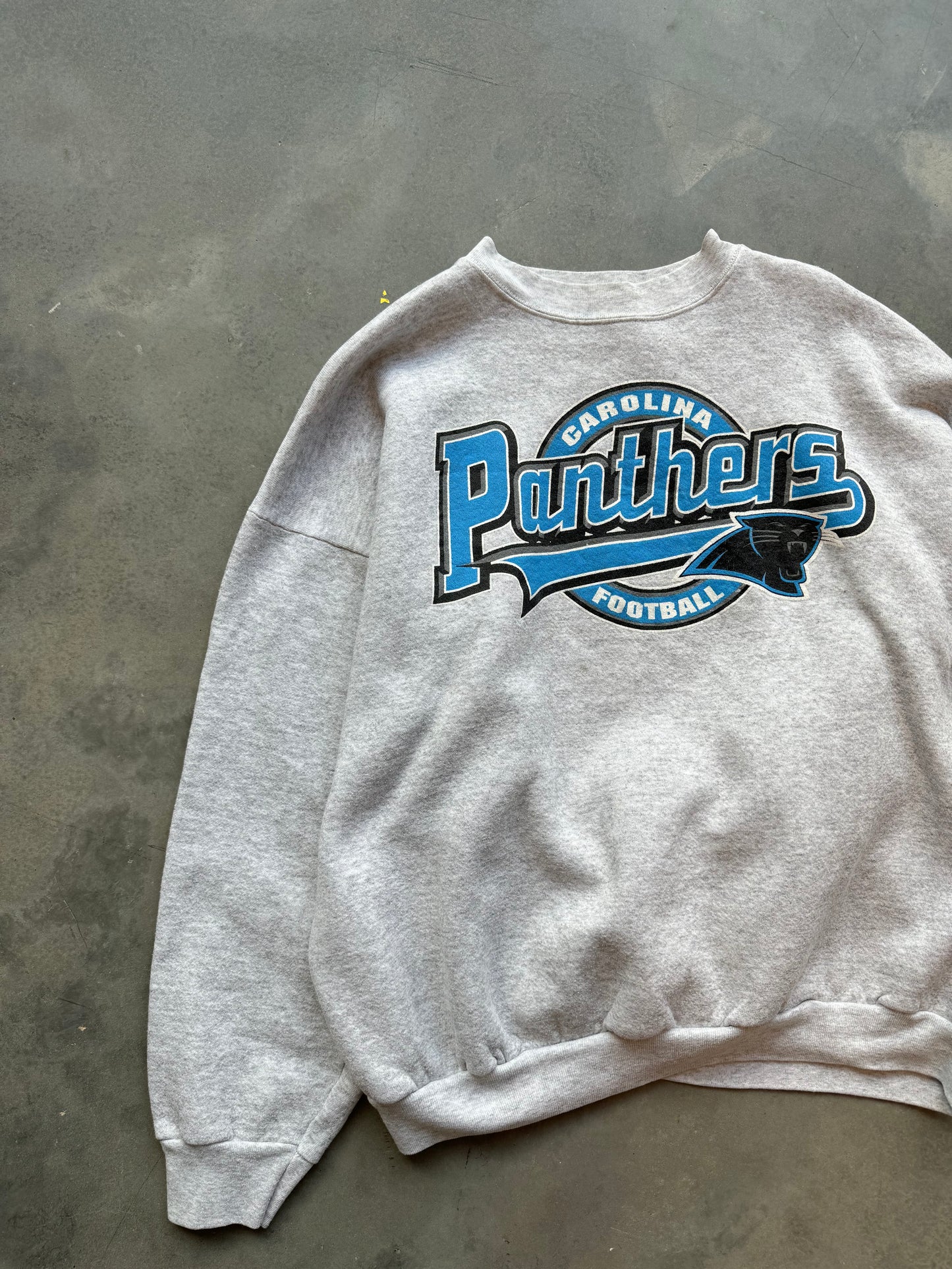 90’s Carolina Panthers Vintage Logo 7 Heather Grey Script NFL Crewneck (Large)