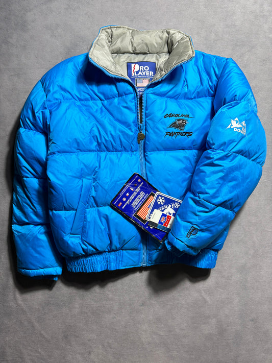 90’s Carolina Panthers Vintage Blue Cat Scratch Font Pro Player Down Bubble NFL Jacket - Deadstock (Medium)
