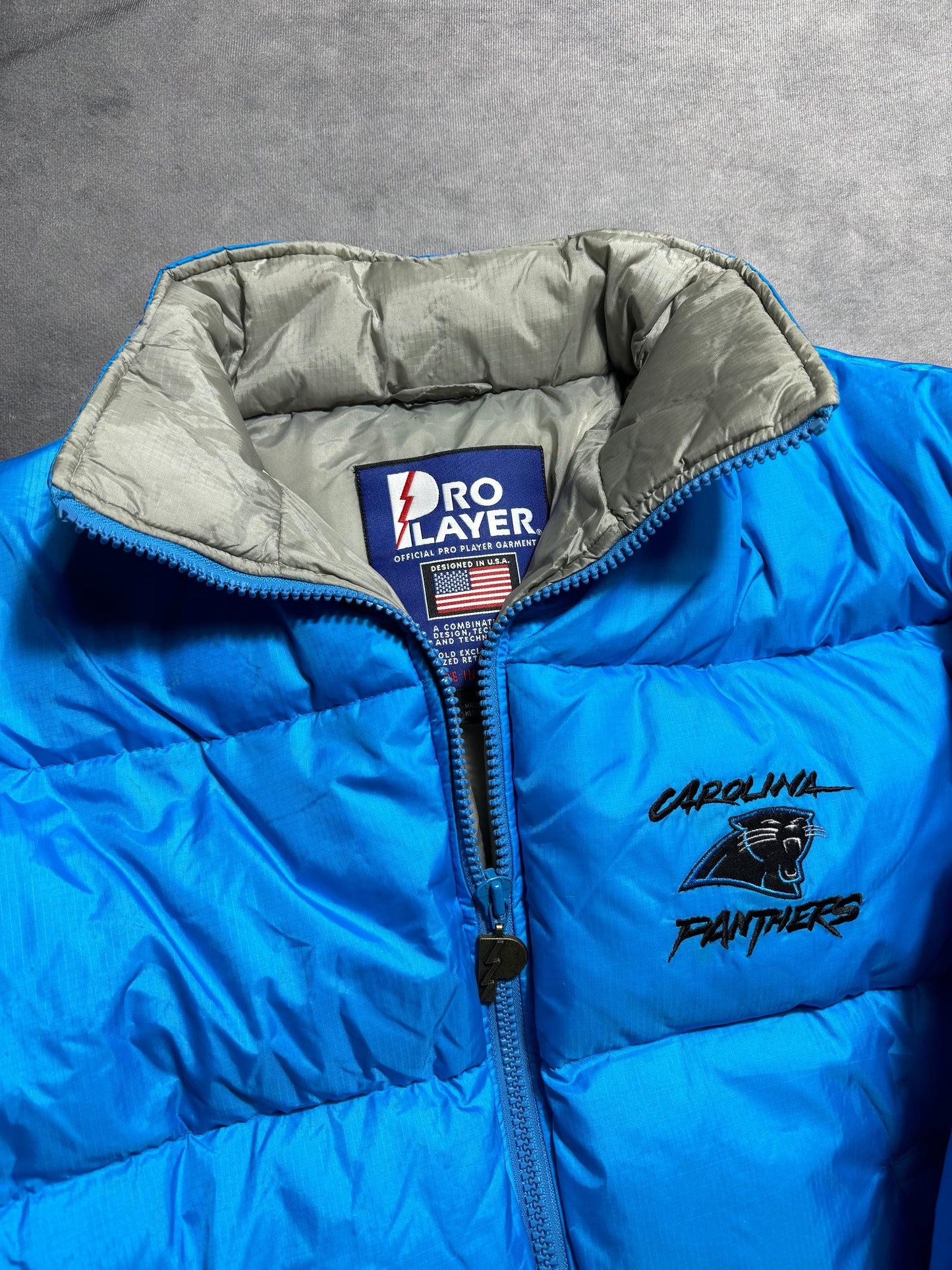 90’s Carolina Panthers Vintage Blue Cat Scratch Font Pro Player Down Bubble NFL Jacket - Deadstock (Medium)