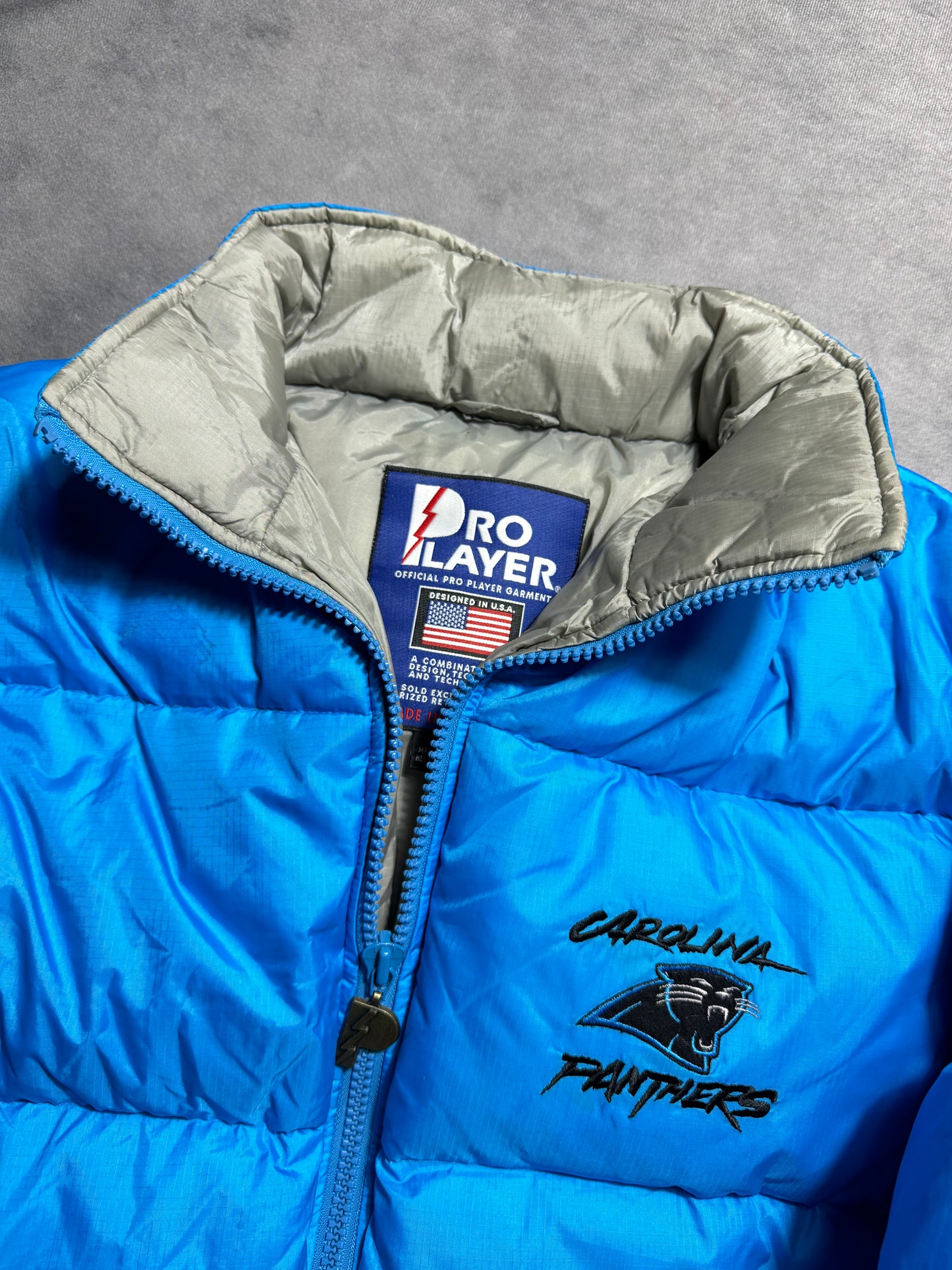90’s Carolina Panthers Vintage Blue Cat Scratch Font Pro Player Down Bubble NFL Jacket - Deadstock (Medium)