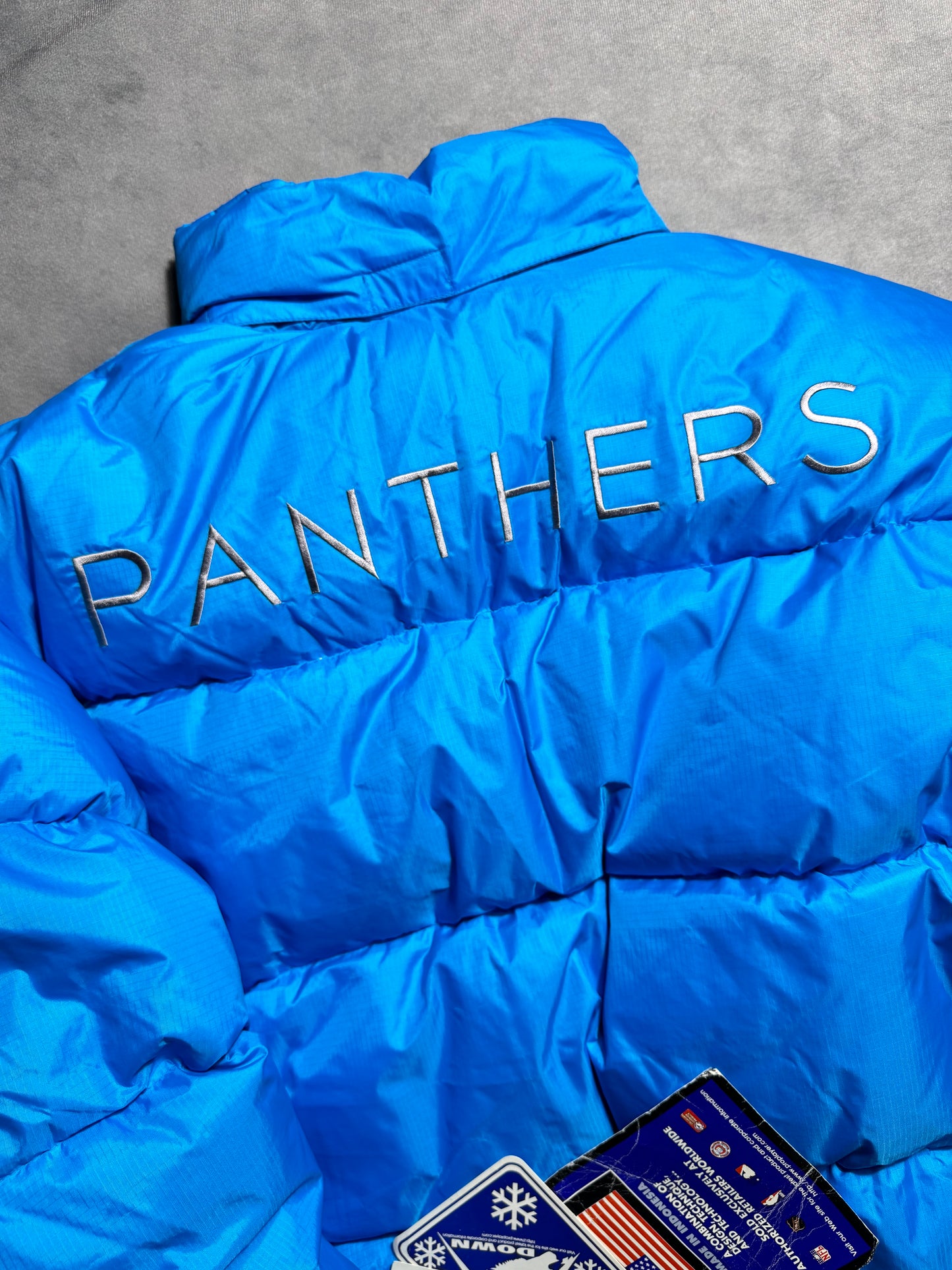 90’s Carolina Panthers Vintage Blue Cat Scratch Font Pro Player Down Bubble NFL Jacket - Deadstock (Medium)