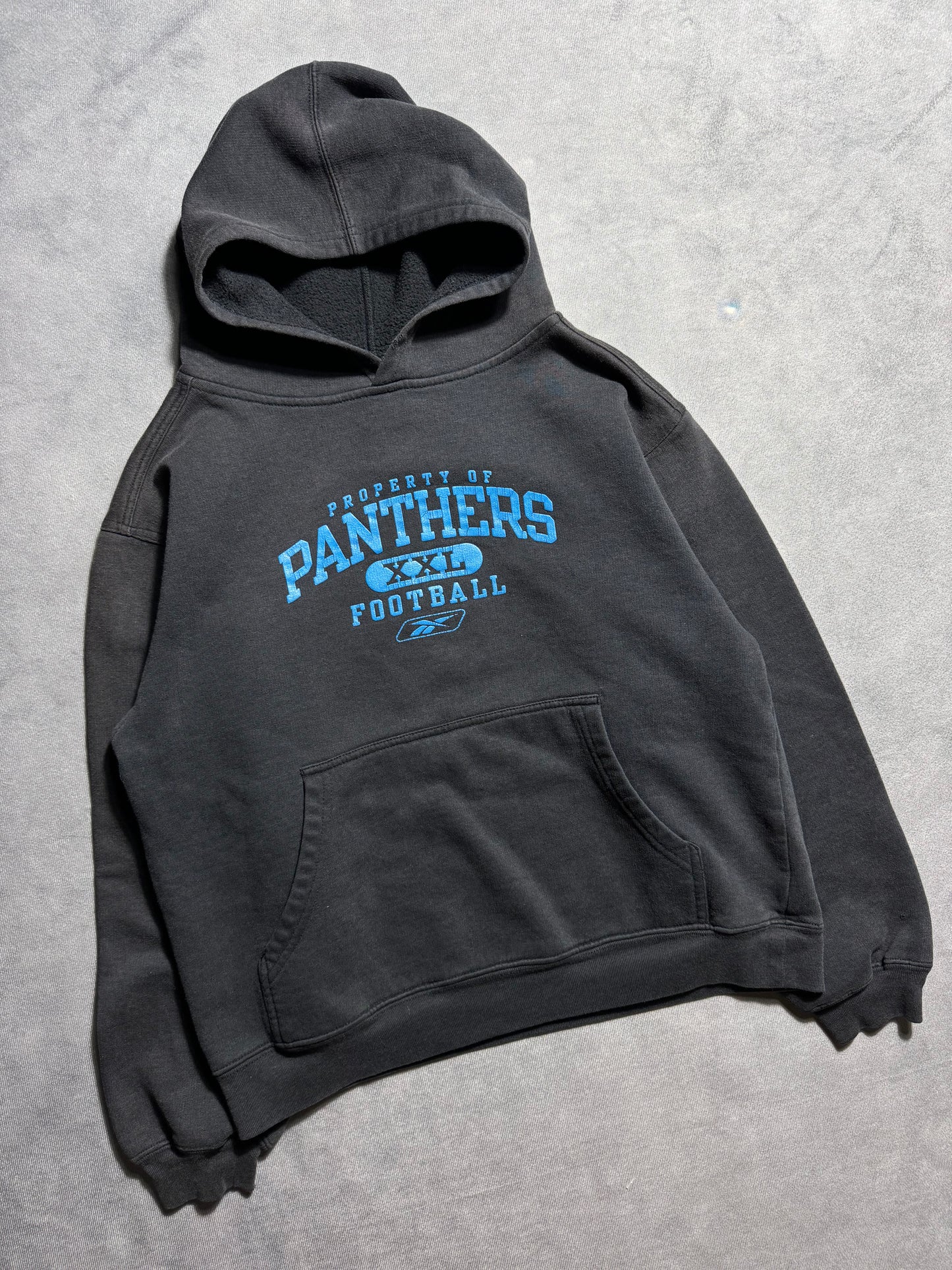 00’s Carolina Panthers Vintage Black Reebok Practice Style Print NFL Hoodie (Youth Large)