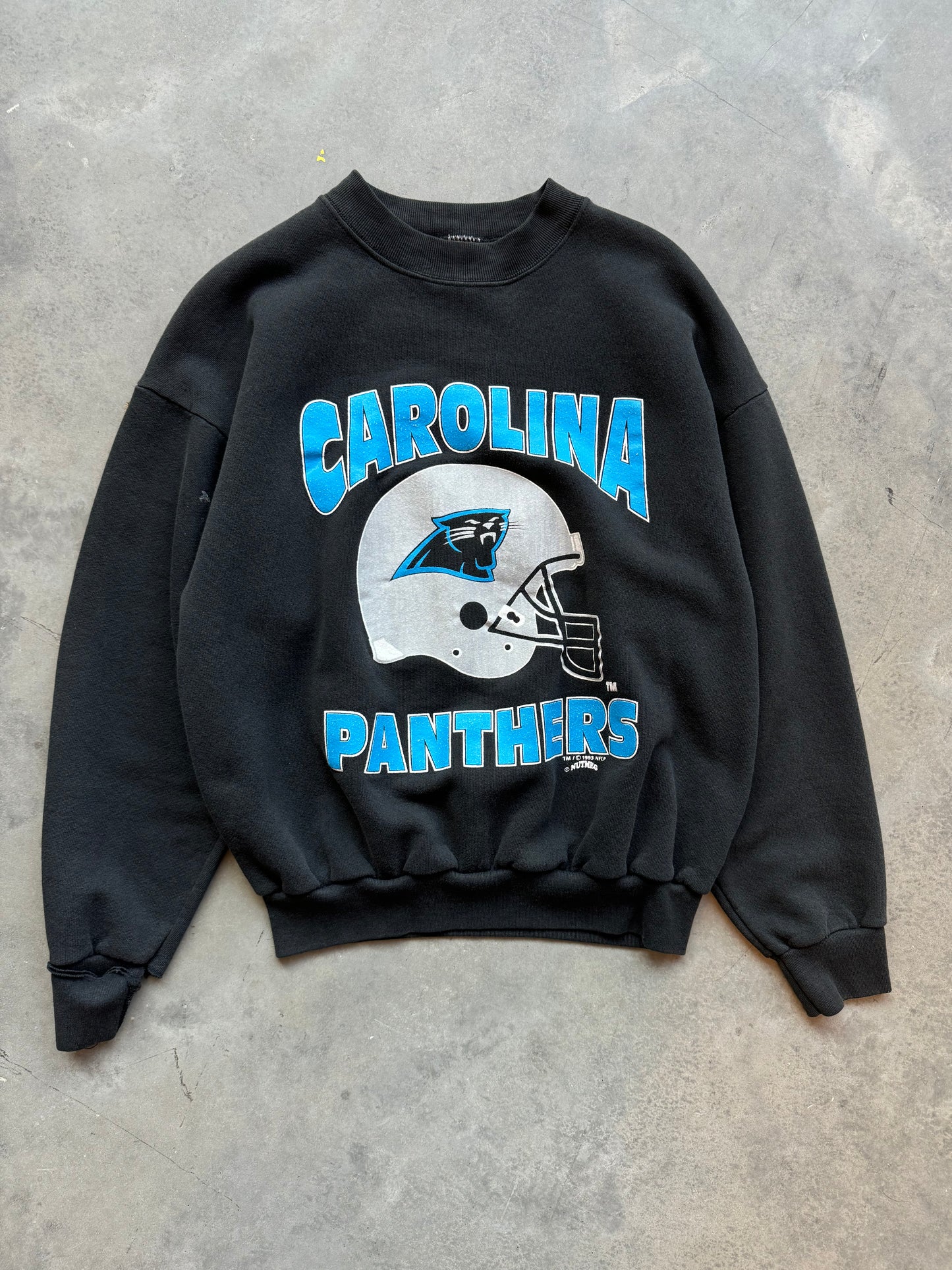 1993 Carolina Panthers Vintage Nutmeg Mills Helmet Spellout NFL Crewneck (Medium)