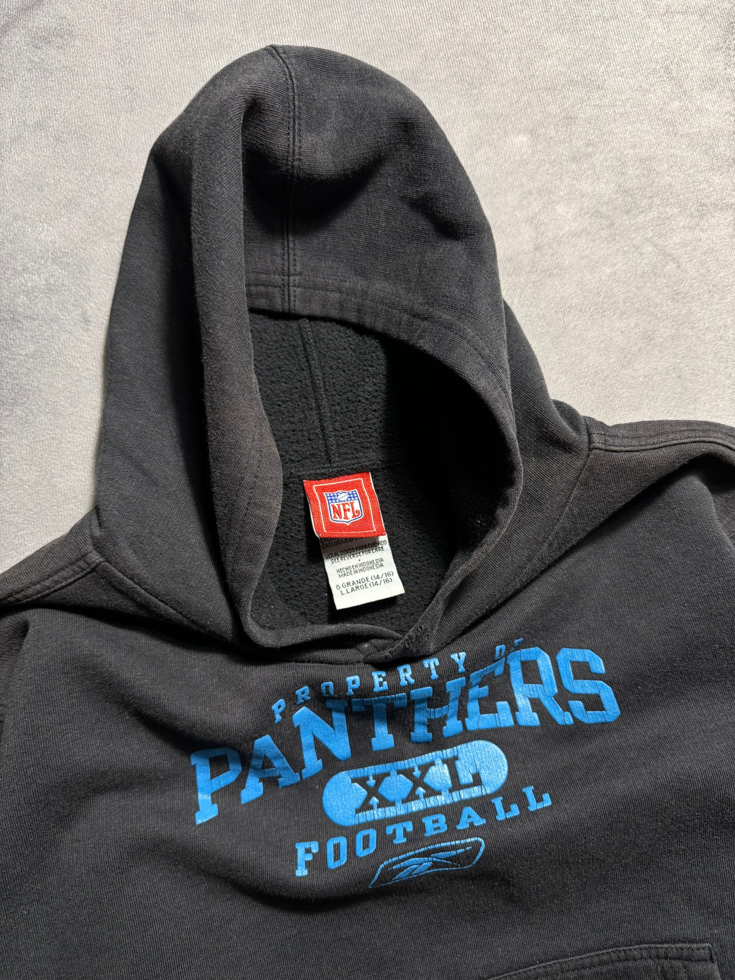 00’s Carolina Panthers Vintage Black Reebok Practice Style Print NFL Hoodie (Youth Large)