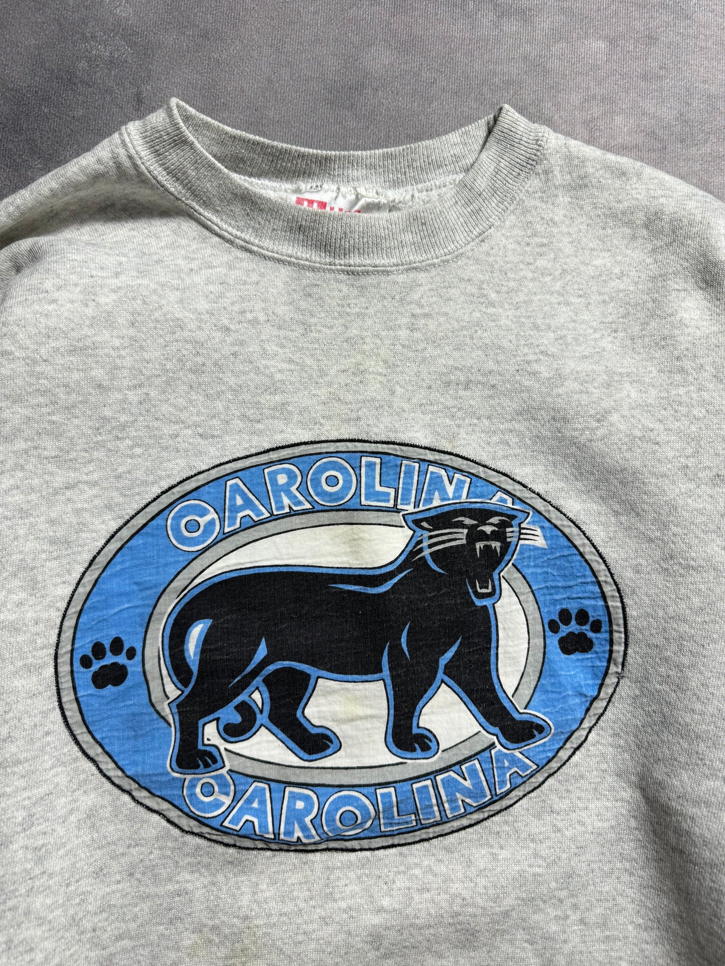 1993 Carolina Panthers Vintage Heather Grey Full Cat Alternate Logo NFL Crewneck (Medium)