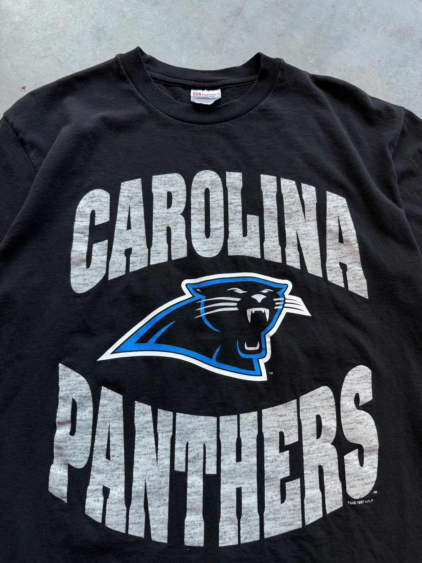 1997 Carolina Panthers Vintage Block Letter Big Logo NFL Tee (Large)