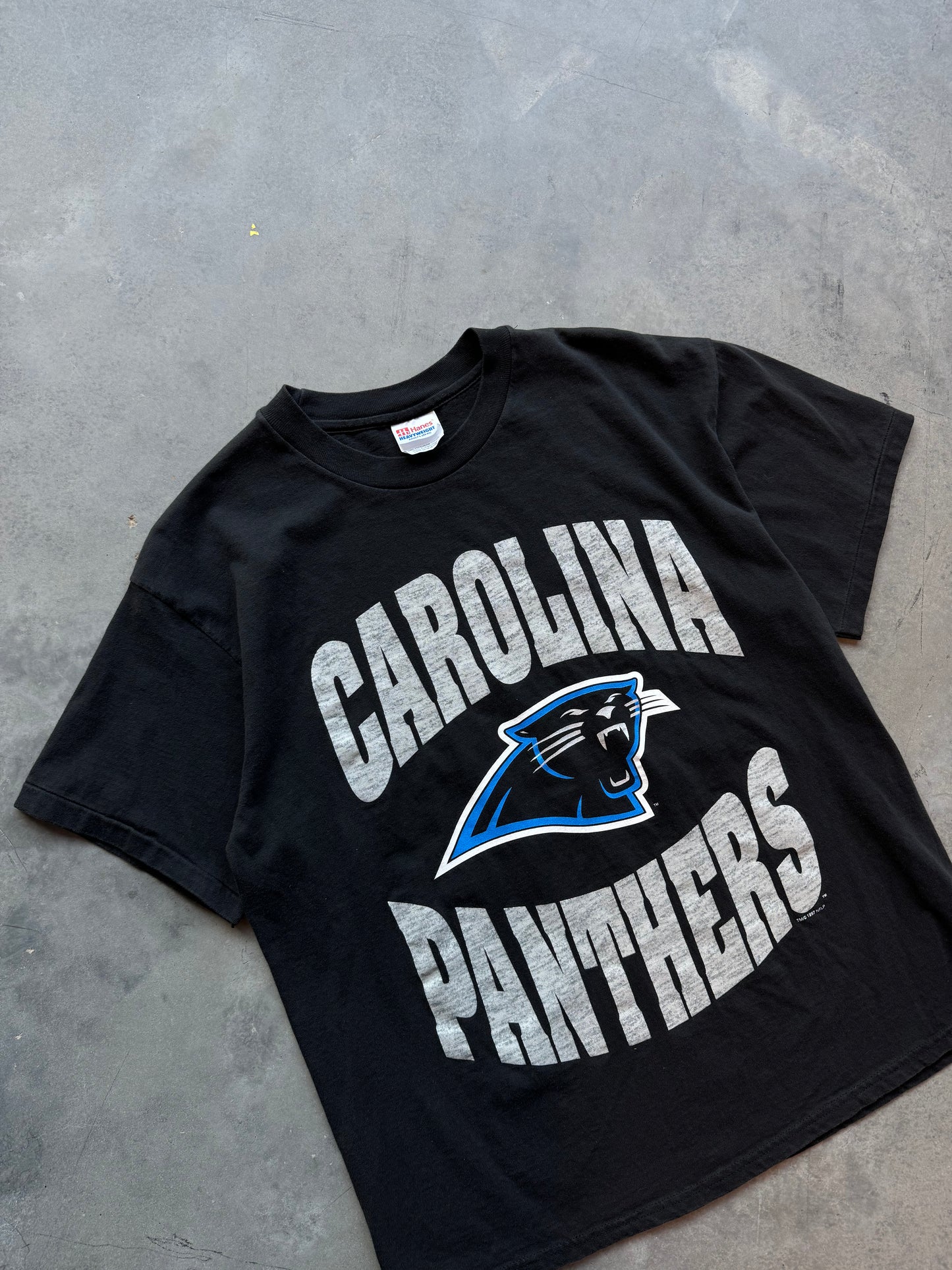 1997 Carolina Panthers Vintage Block Letter Big Logo NFL Tee (Large)