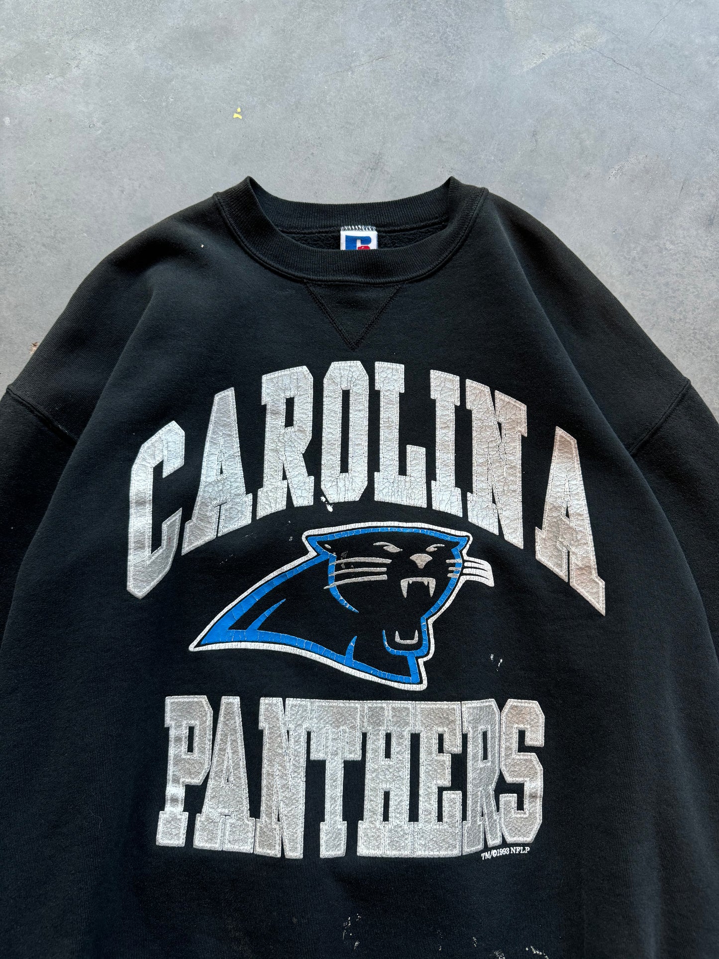 1993 Carolina Panthers Vintage Russell Athletic Heavyweight Spellout NFL Crewneck (Medium)