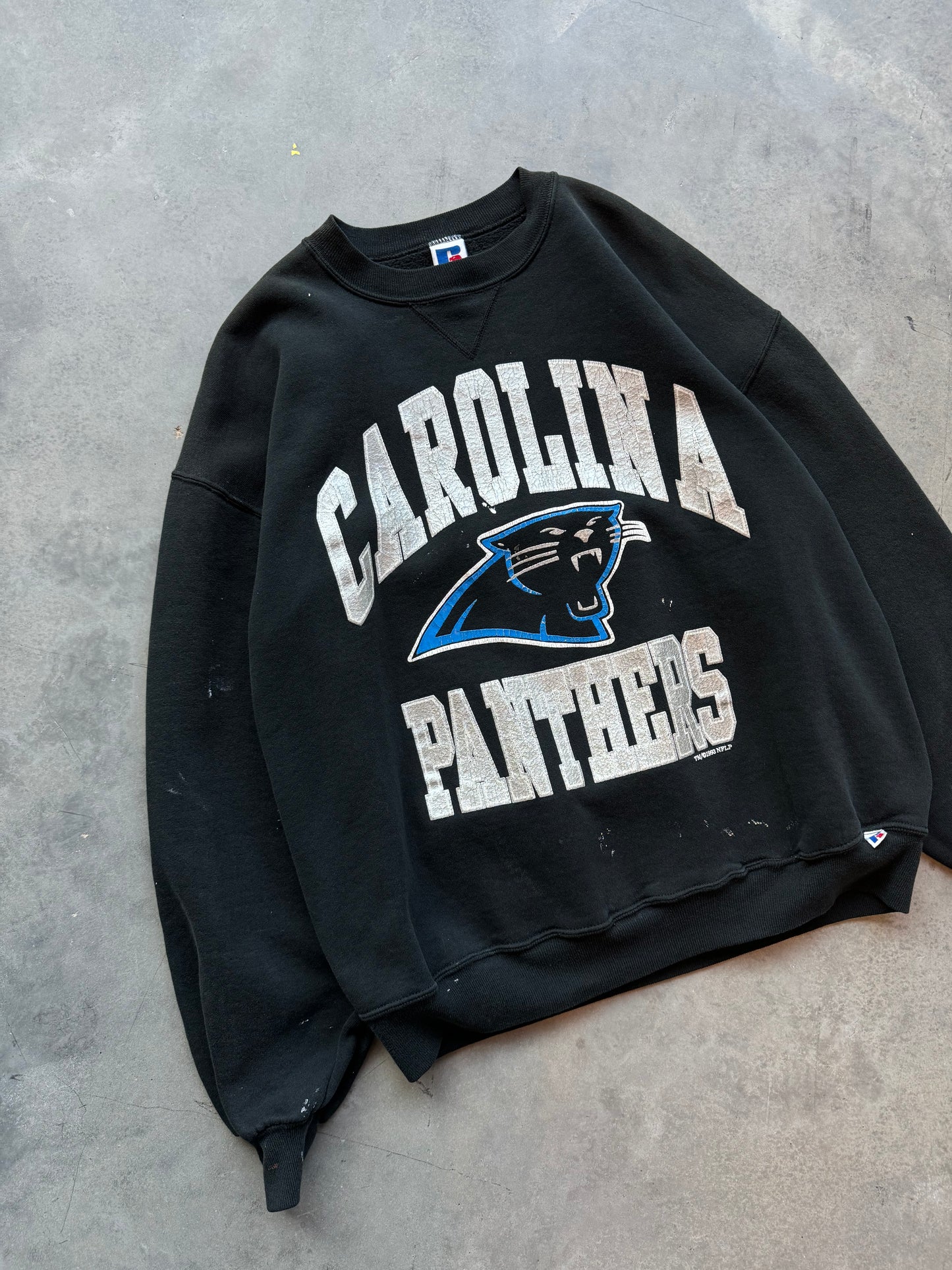 1993 Carolina Panthers Vintage Russell Athletic Heavyweight Spellout NFL Crewneck (Medium)