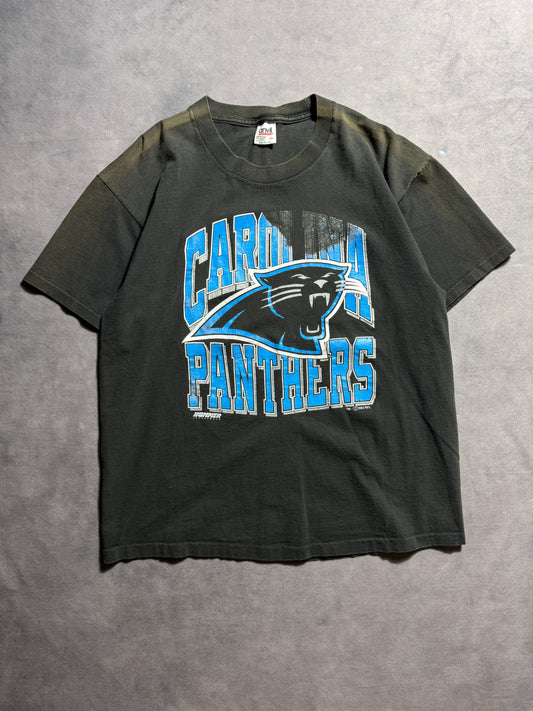 1993 Carolina Panthers Vintage Distressed Sun Faded Black Arch Block Letter Spellout NFL Tee (Large)