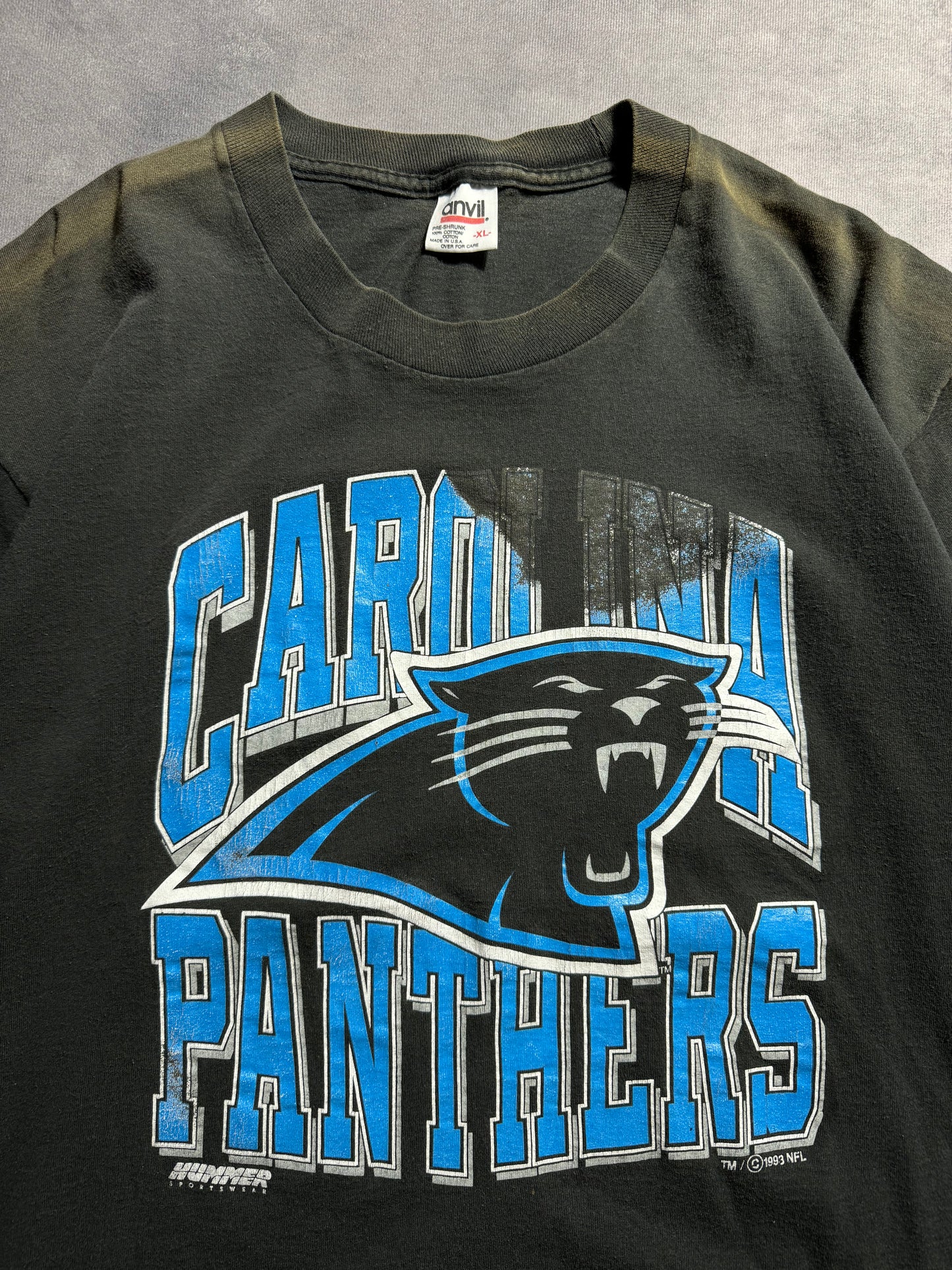 1993 Carolina Panthers Vintage Distressed Sun Faded Black Arch Block Letter Spellout NFL Tee (Large)